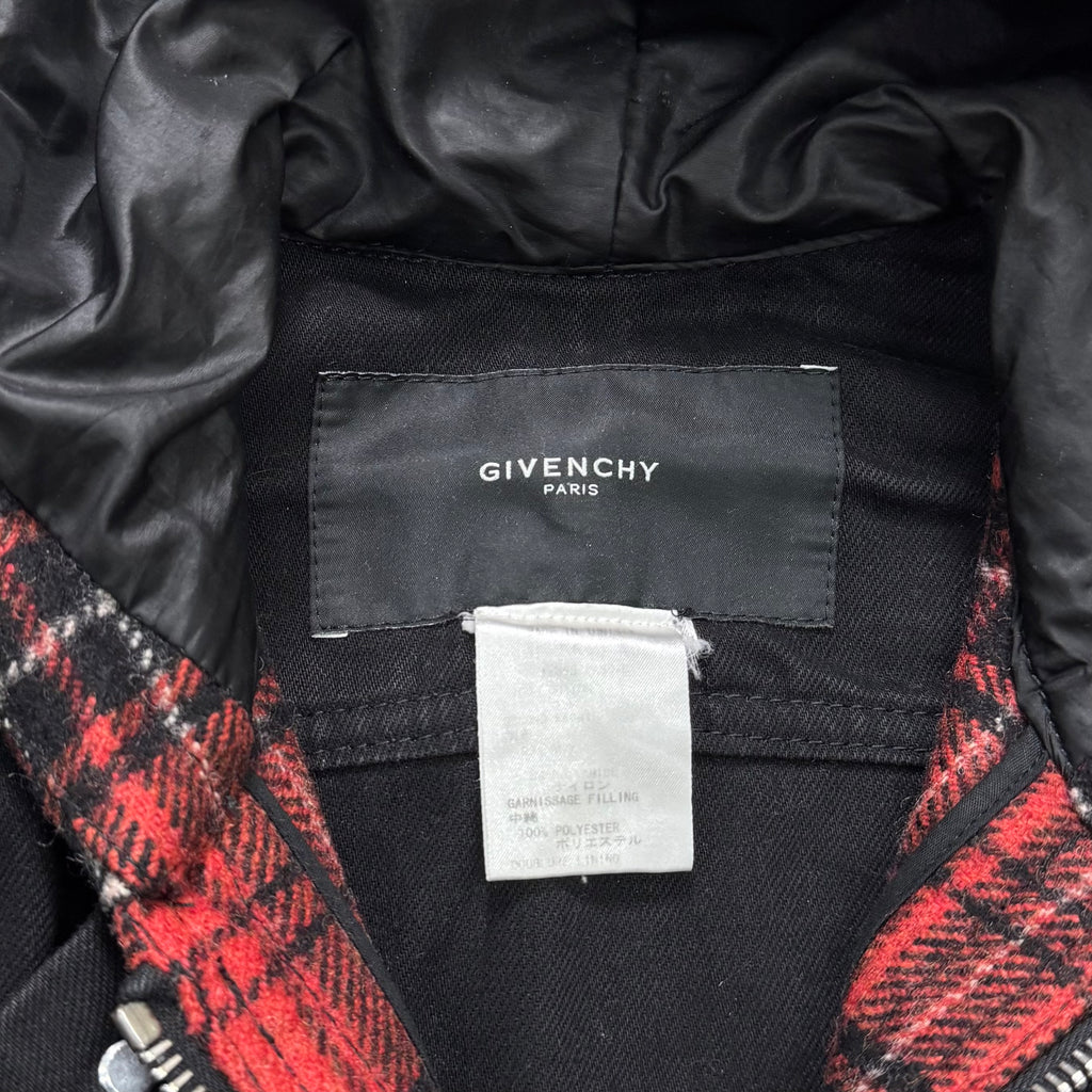 Givenchy FW15 Layered Black Denim and Red Tartan Hooded Coat