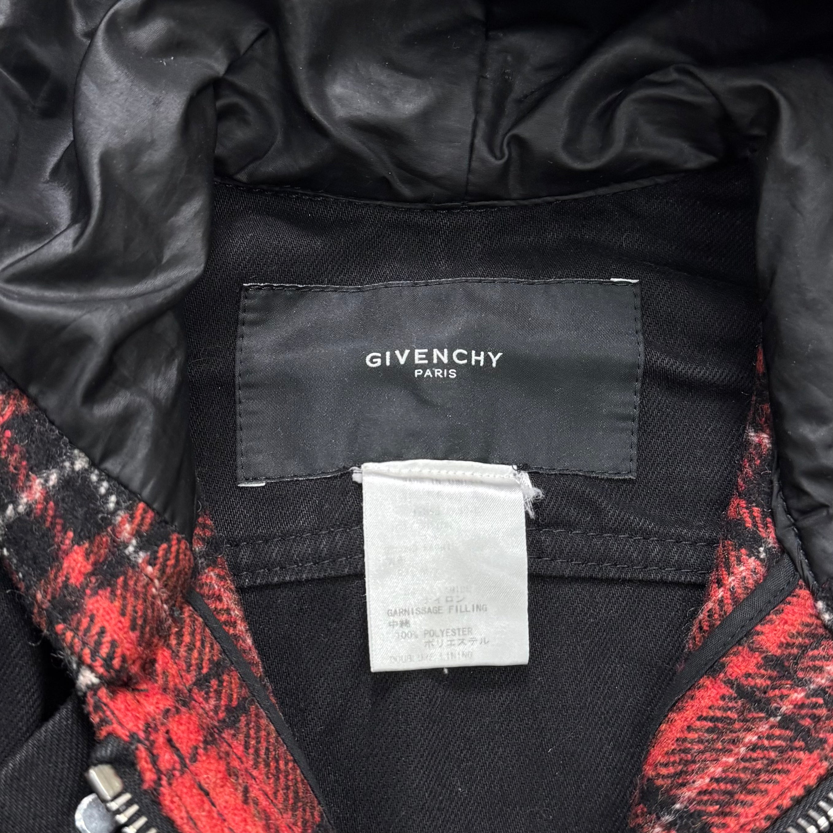 Givenchy FW15 Layered Black Denim and Red Tartan Hooded Coat