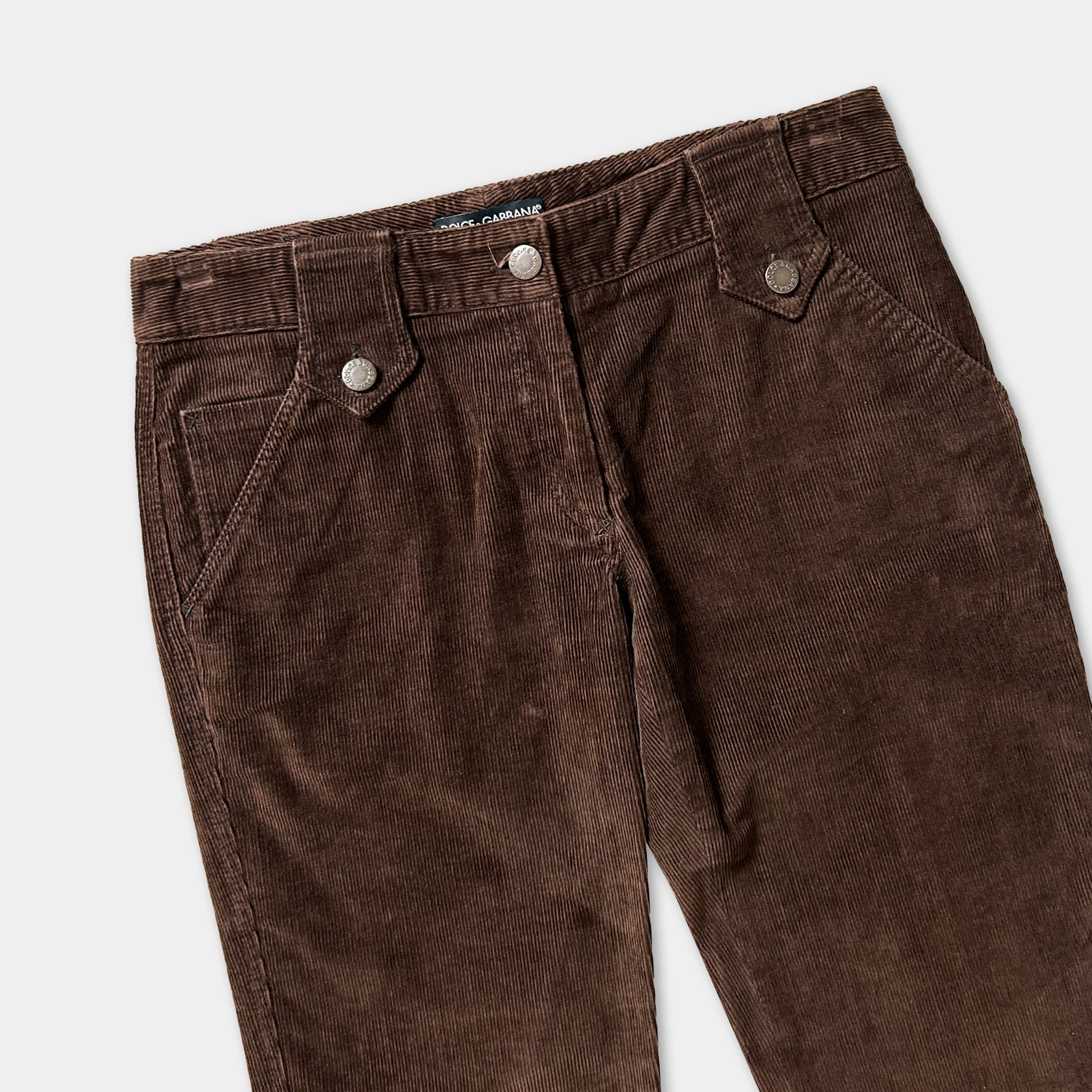 A pair of brown corduroy pants with a button waistband and two pockets.