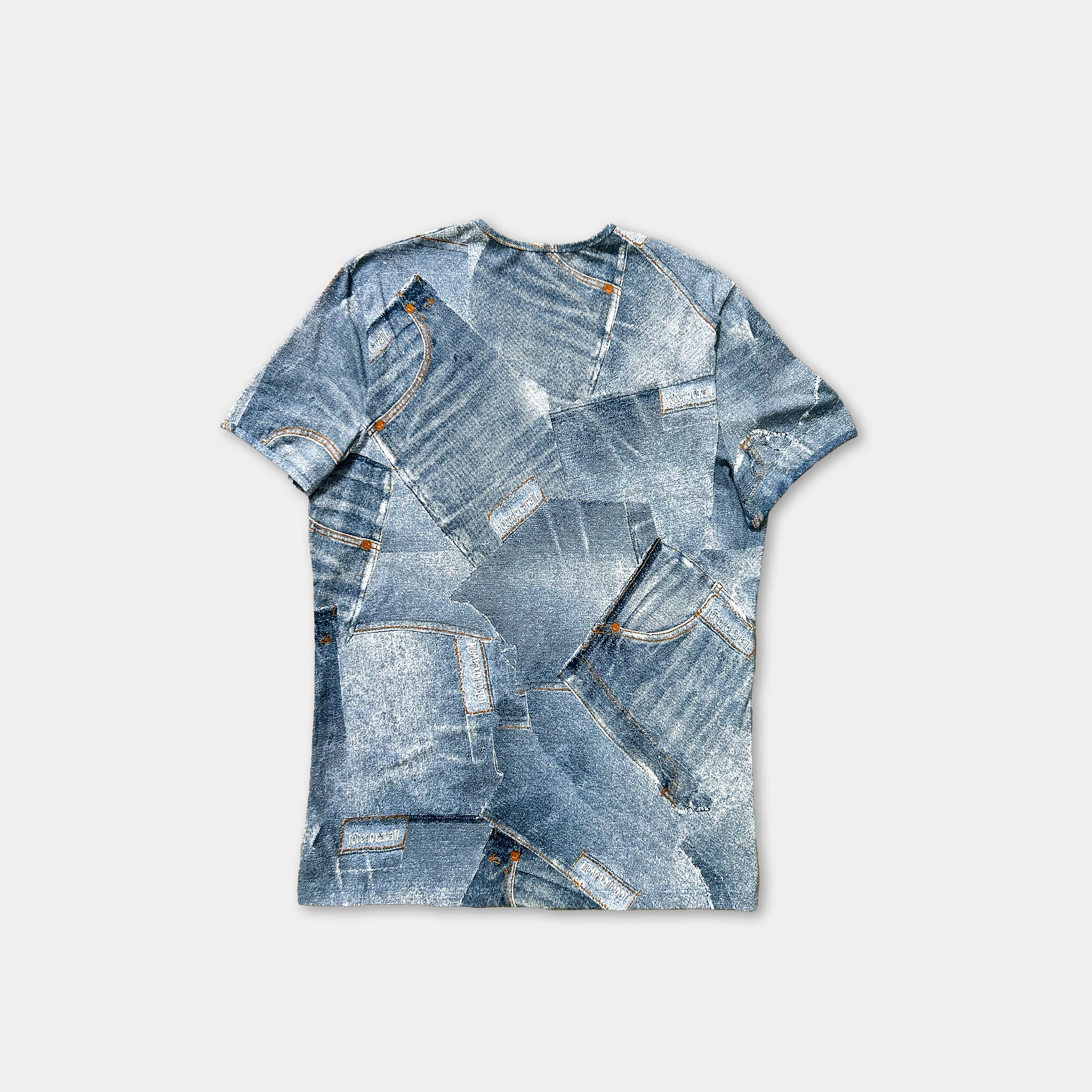 a t-shirt with a pattern of jeans or denim fabric printed on it.