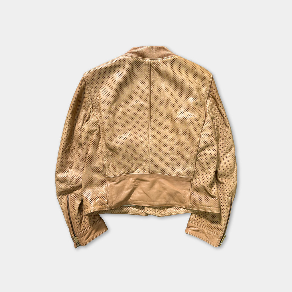 A tan leather jacket with a mesh pattern on the back.
