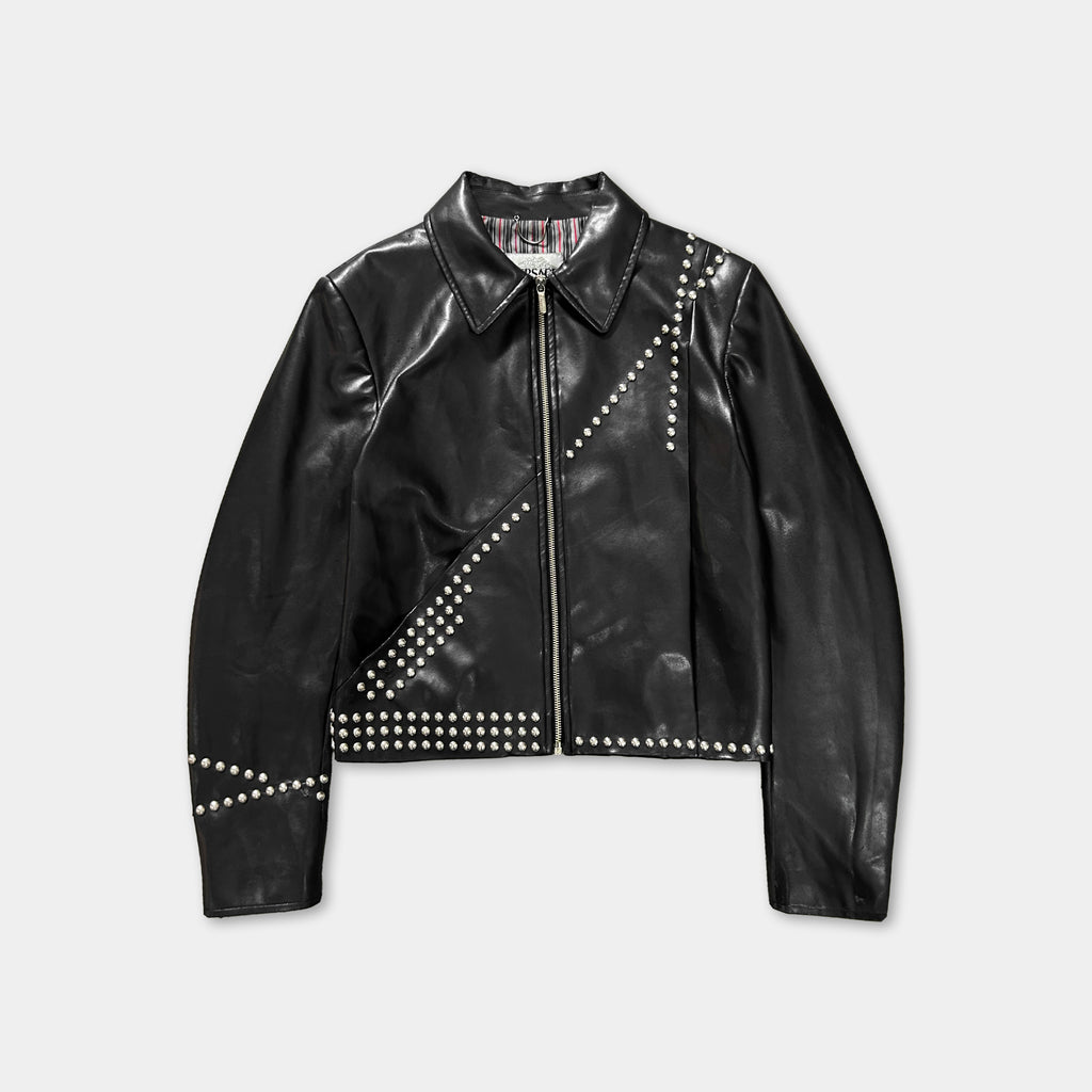 A black leather jacket with a zipper and white studs on the sleeves and collar.