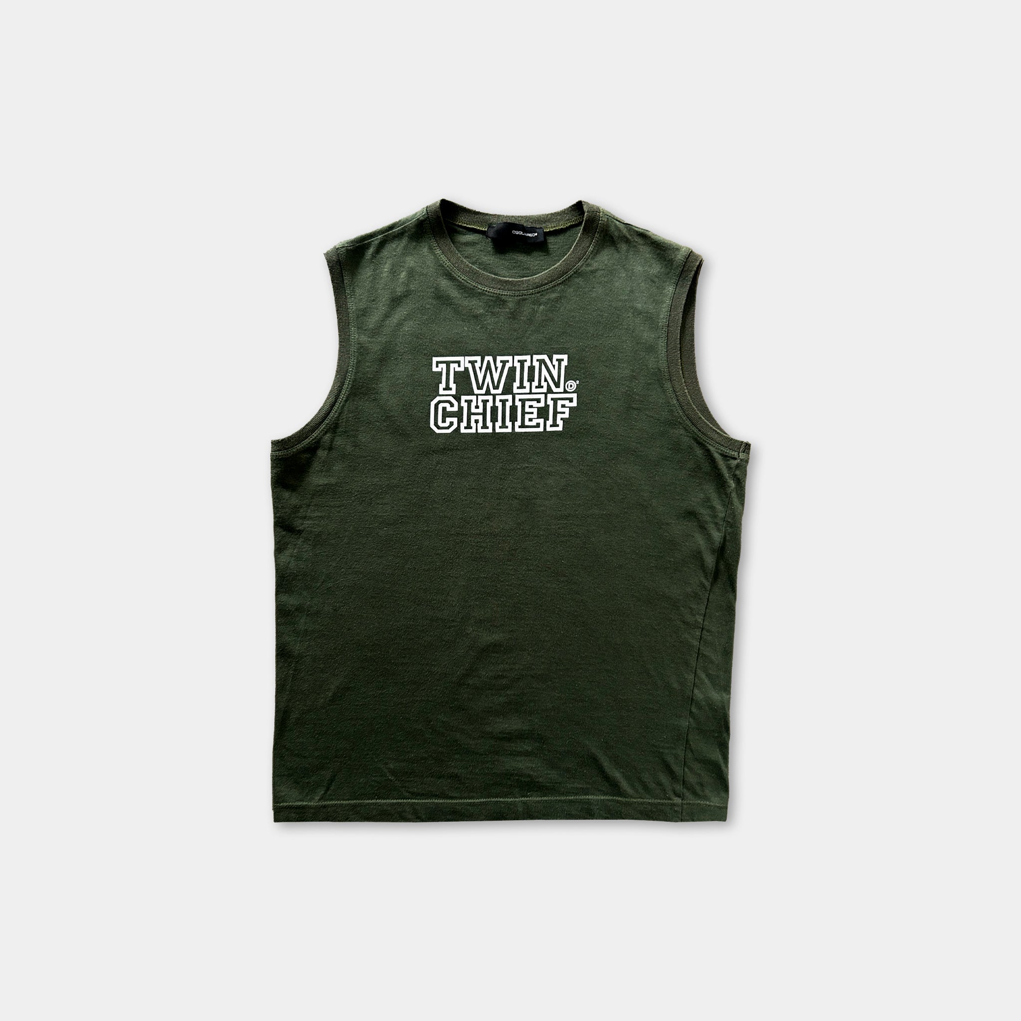 A dark green sleeveless t-shirt with the text "TWIN CHIEF" printed on it in white letters.