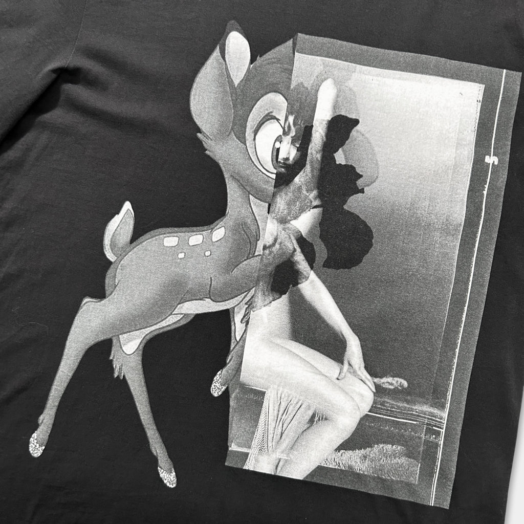 The image is a black and white collage featuring a cartoon deer and a human figure. The deer appears to be in motion, while the human figure is depicted in a dynamic pose. The collage is composed of multiple images, creating a visually interesting and layered composition.