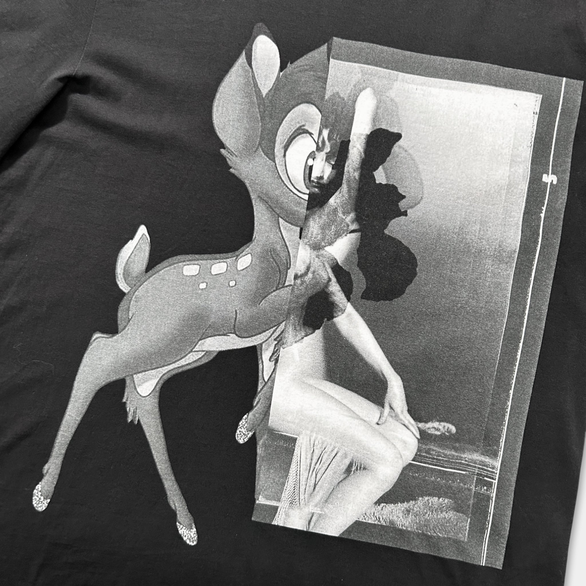 The image is a black and white collage featuring a cartoon deer and a human figure. The deer appears to be in motion, while the human figure is depicted in a dynamic pose. The collage is composed of multiple images, creating a visually interesting and layered composition.