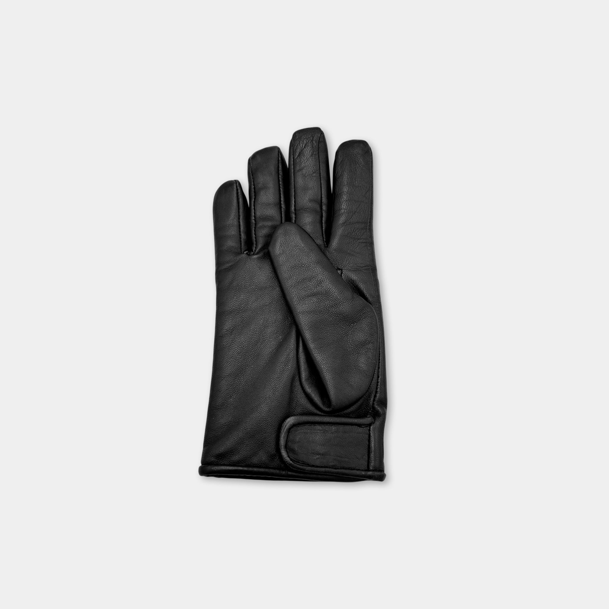 A pair of black leather gloves is shown against a plain white background.