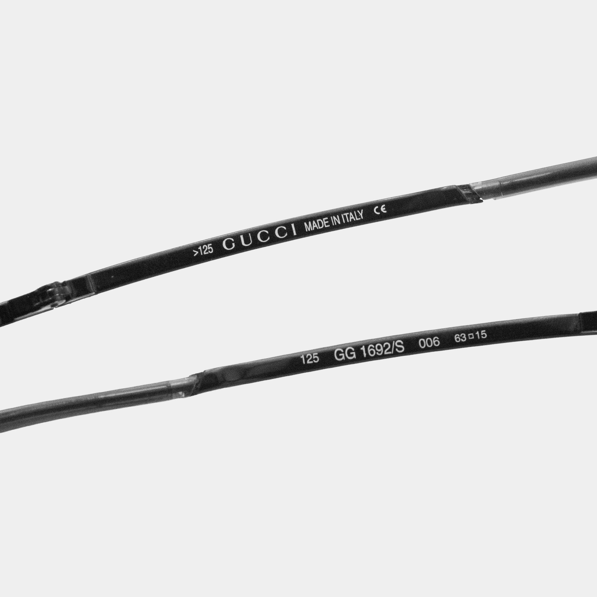 A pair of black Gucci sunglasses with the text "Gucci MADE IN ITALY" printed on them.