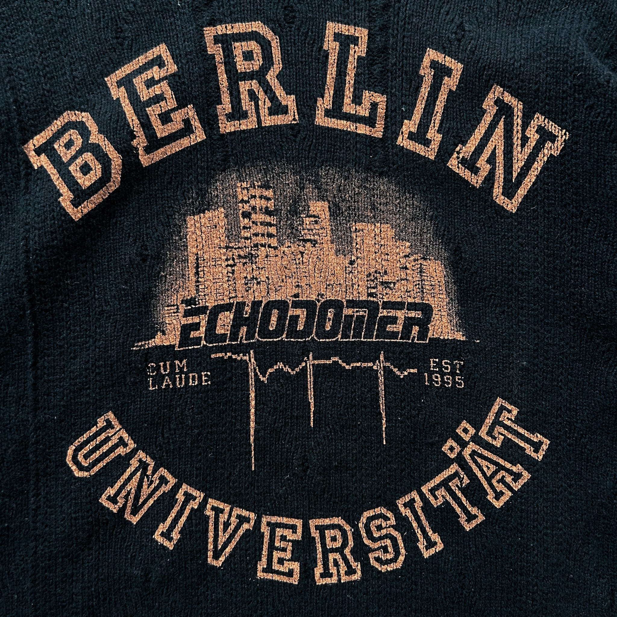 a close-up of a dark-colored fabric with text and graphics printed on it. The text includes the words "BERLIN", "ECHODOMER", "SUM LAUDÉ", "UNIVERSITÄT", and "EST 1995". The graphics depict a cityscape with buildings and a heart shape. The text and graphics are arranged in a circular pattern, creating a visually appealing design.