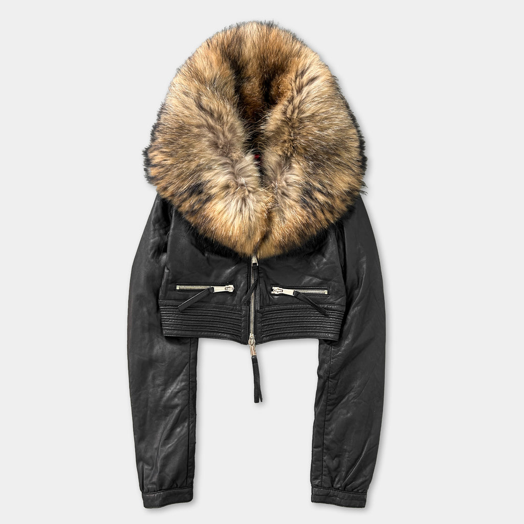 A black leather jacket with a fur collar and zipper.