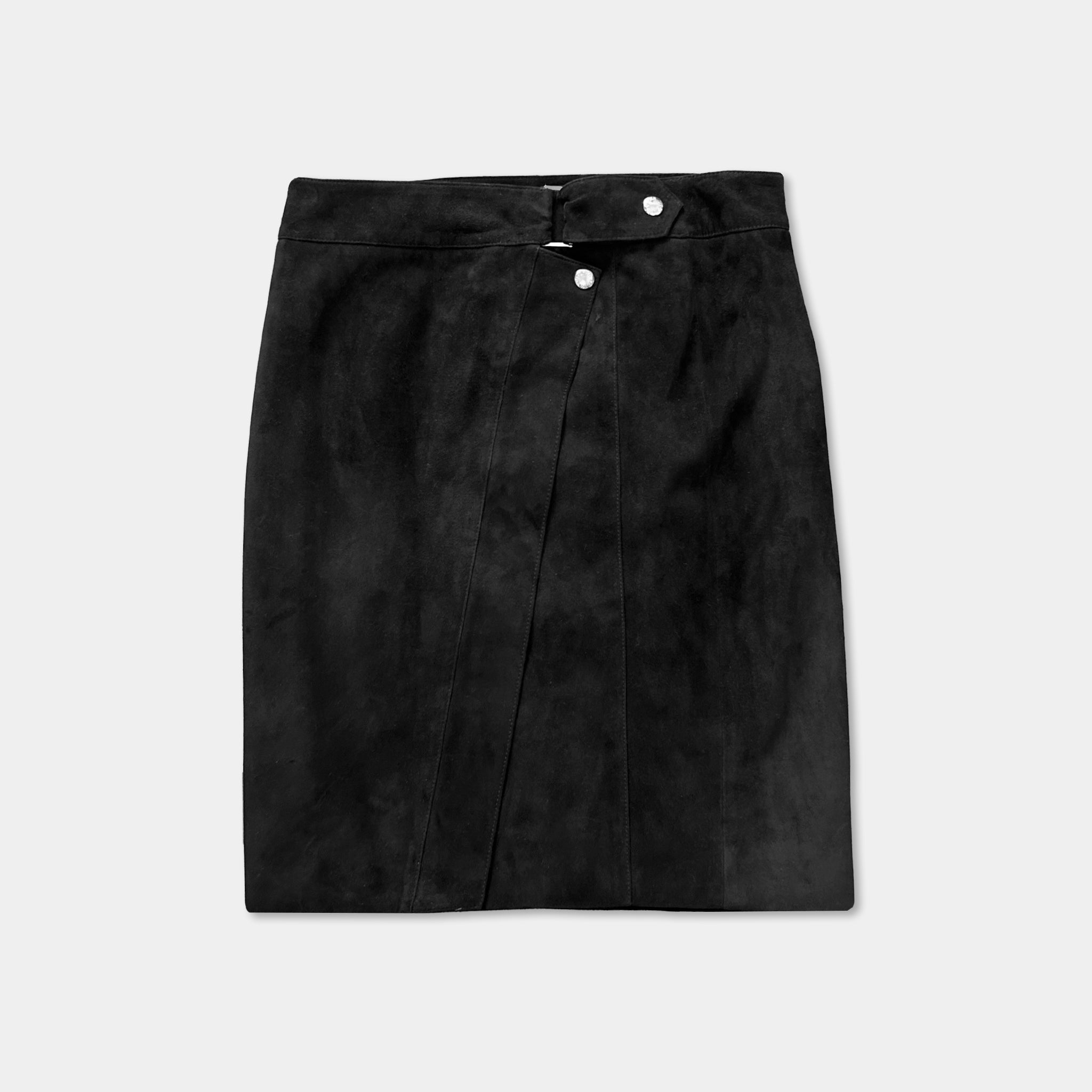 A black skirt with a button waistband.