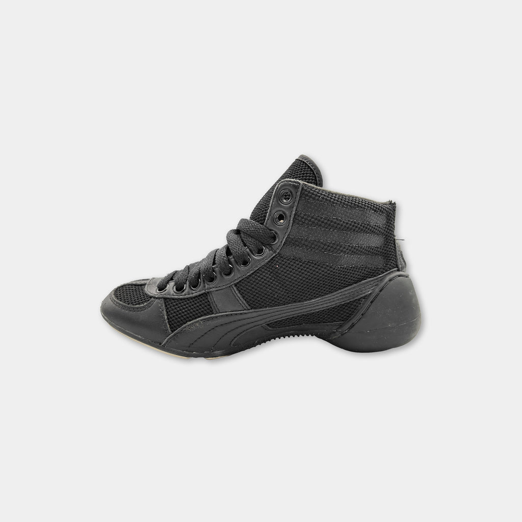 A black and gray high-top sneaker with a mesh upper and laces.
