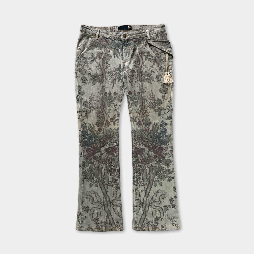 A pair of patterned jeans with a floral design.