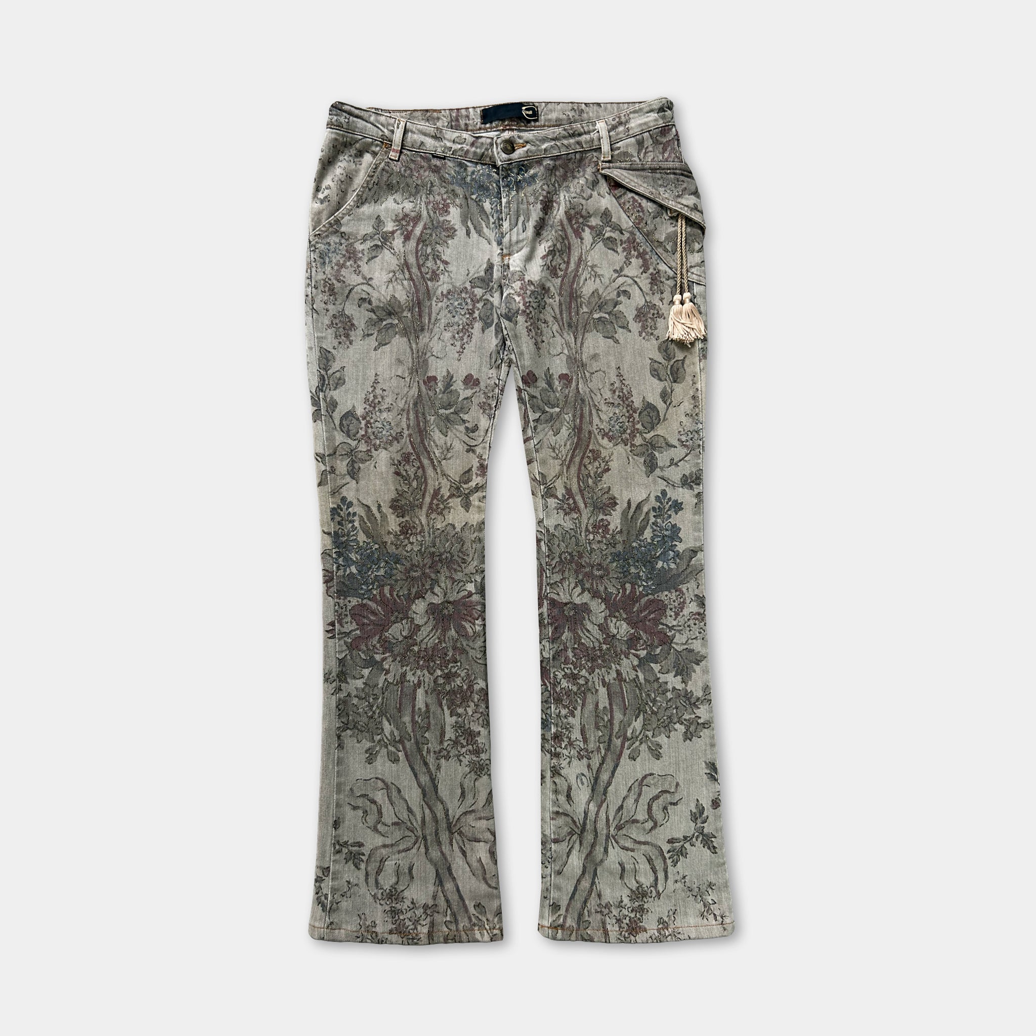 A pair of patterned jeans with a floral design.