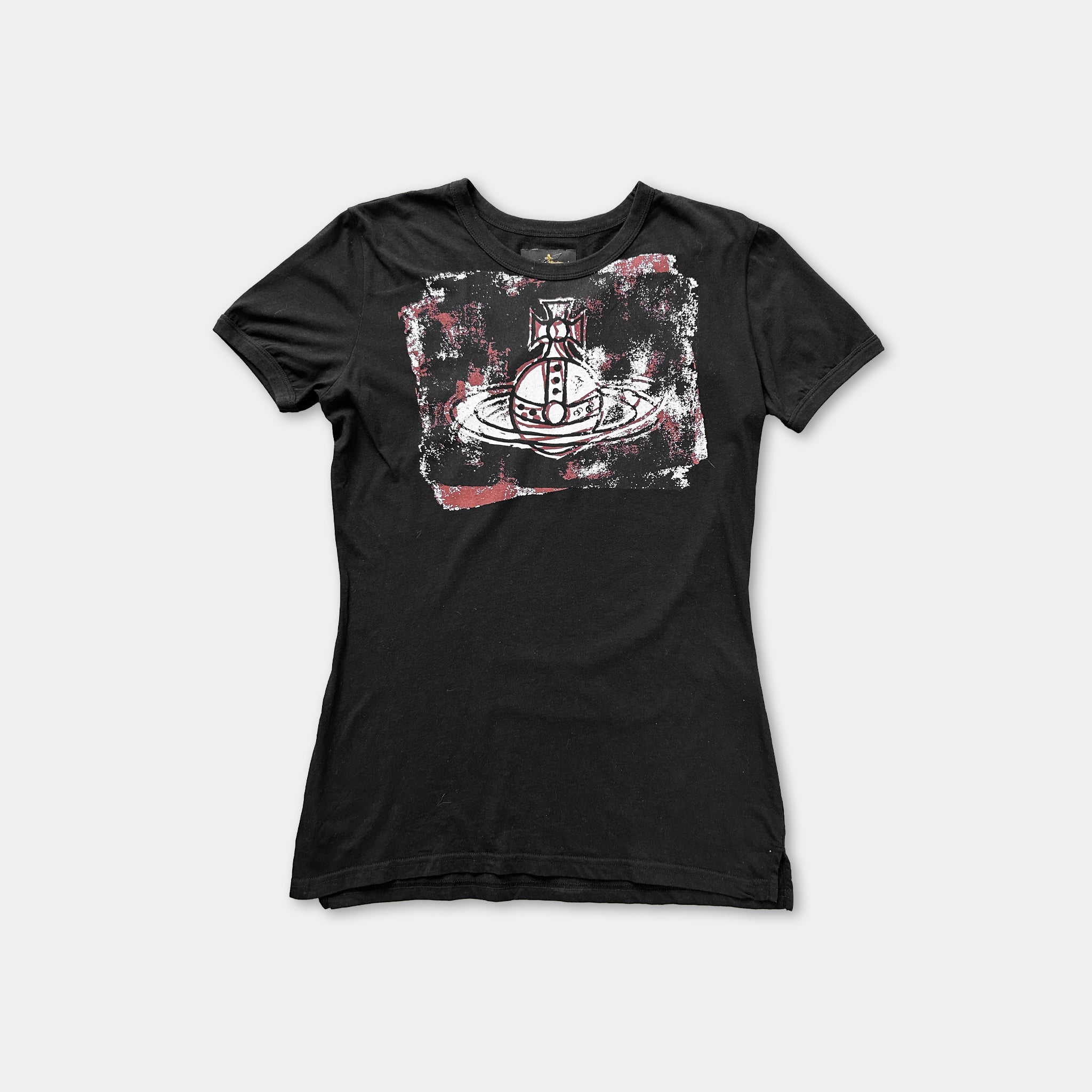 A black t-shirt with a graphic design featuring a stylized figure or character.
