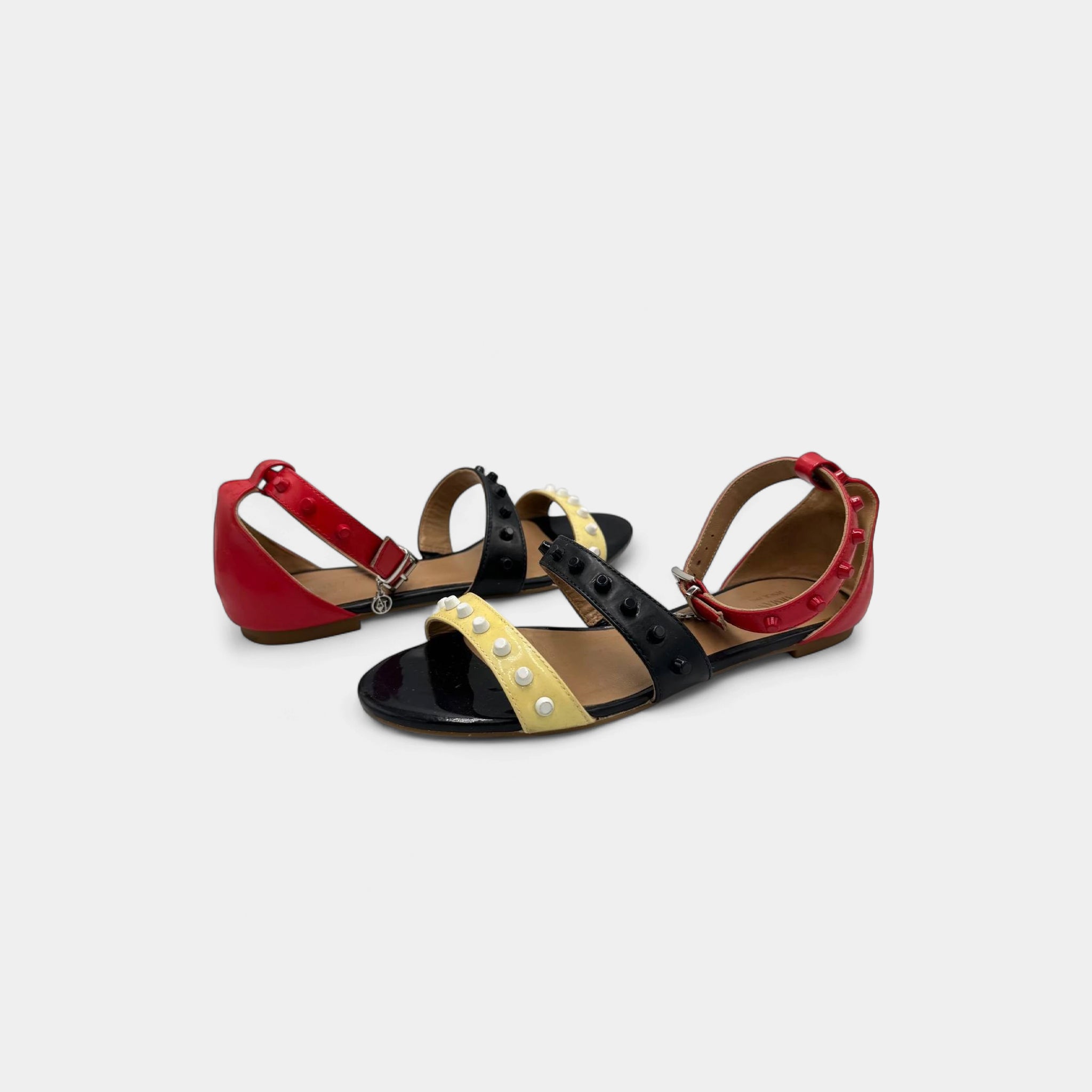 Armani Jeans Color-Block Studded Patent Leather Flat Sandals