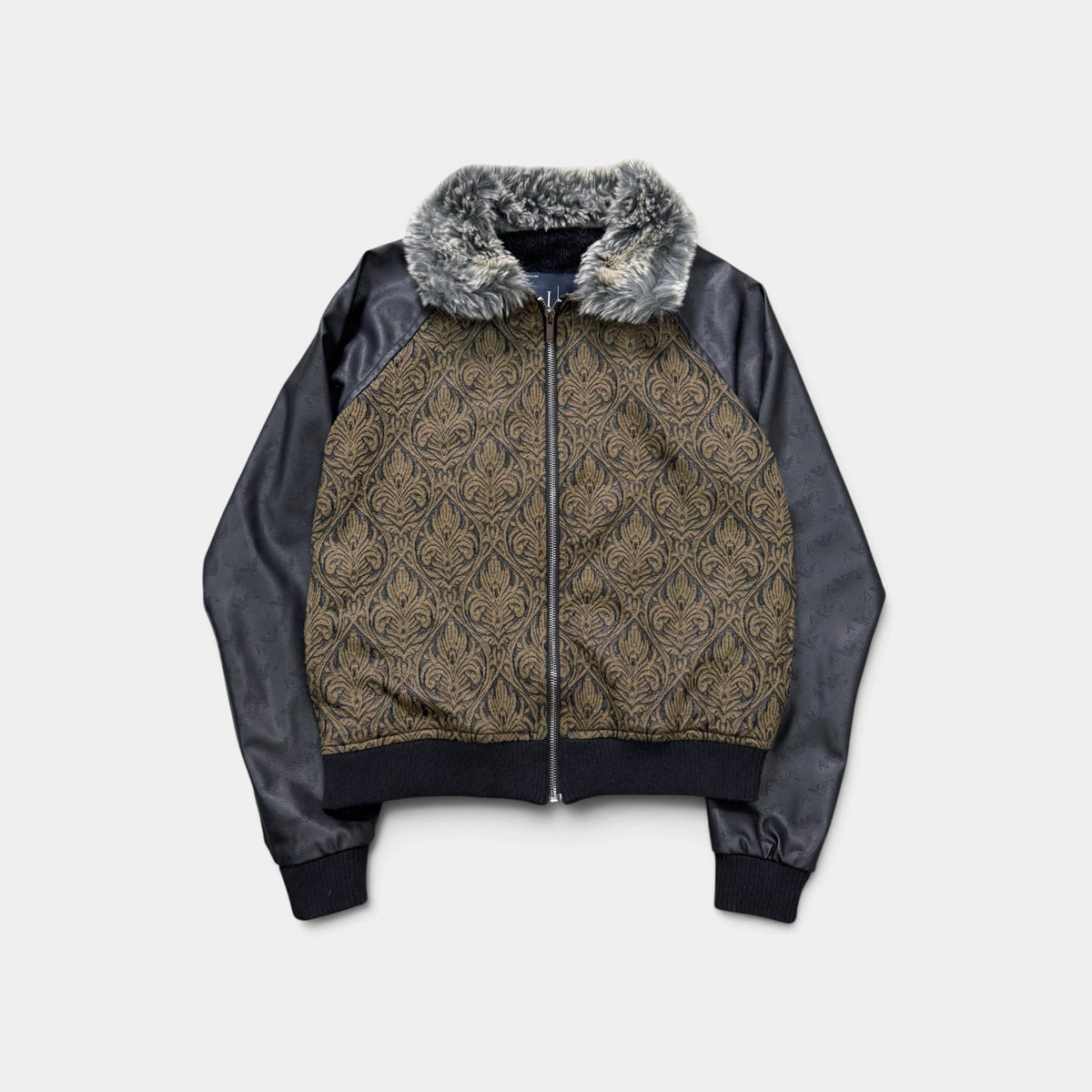 Armani Jeans Jacquard & Leather Faux Fur Collar Bomber Jacket