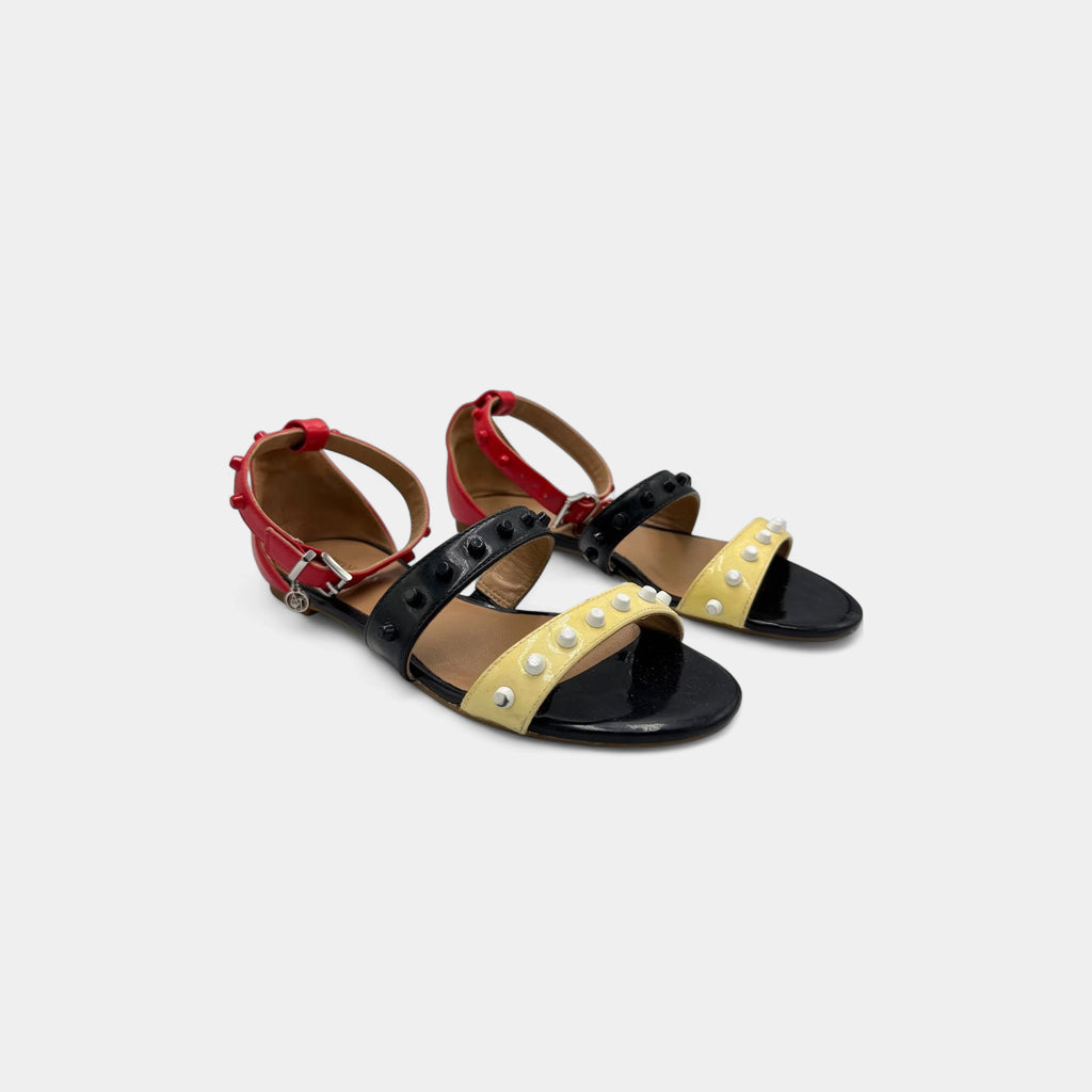 Armani Jeans Color-Block Studded Patent Leather Flat Sandals