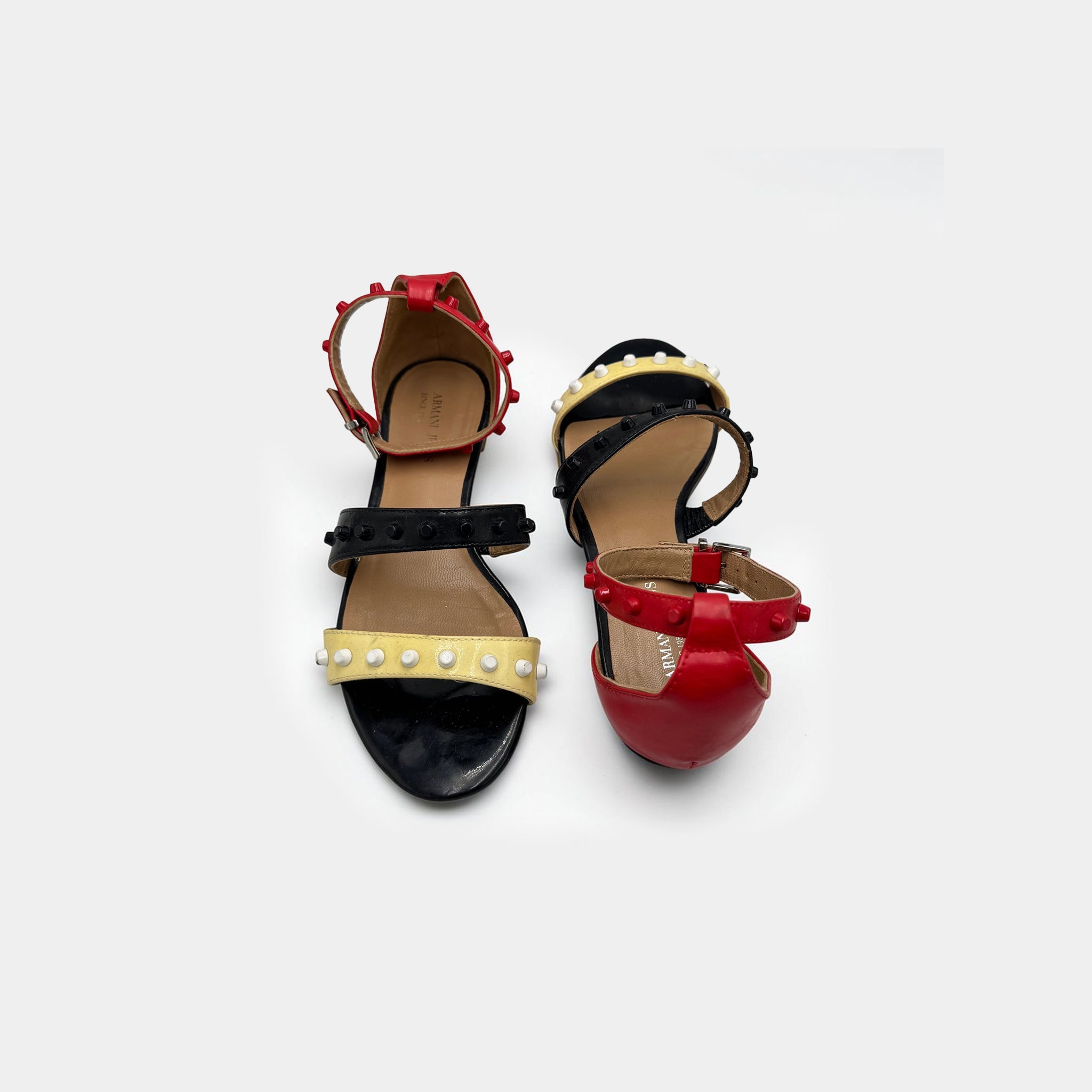 Armani Jeans Color-Block Studded Patent Leather Flat Sandals