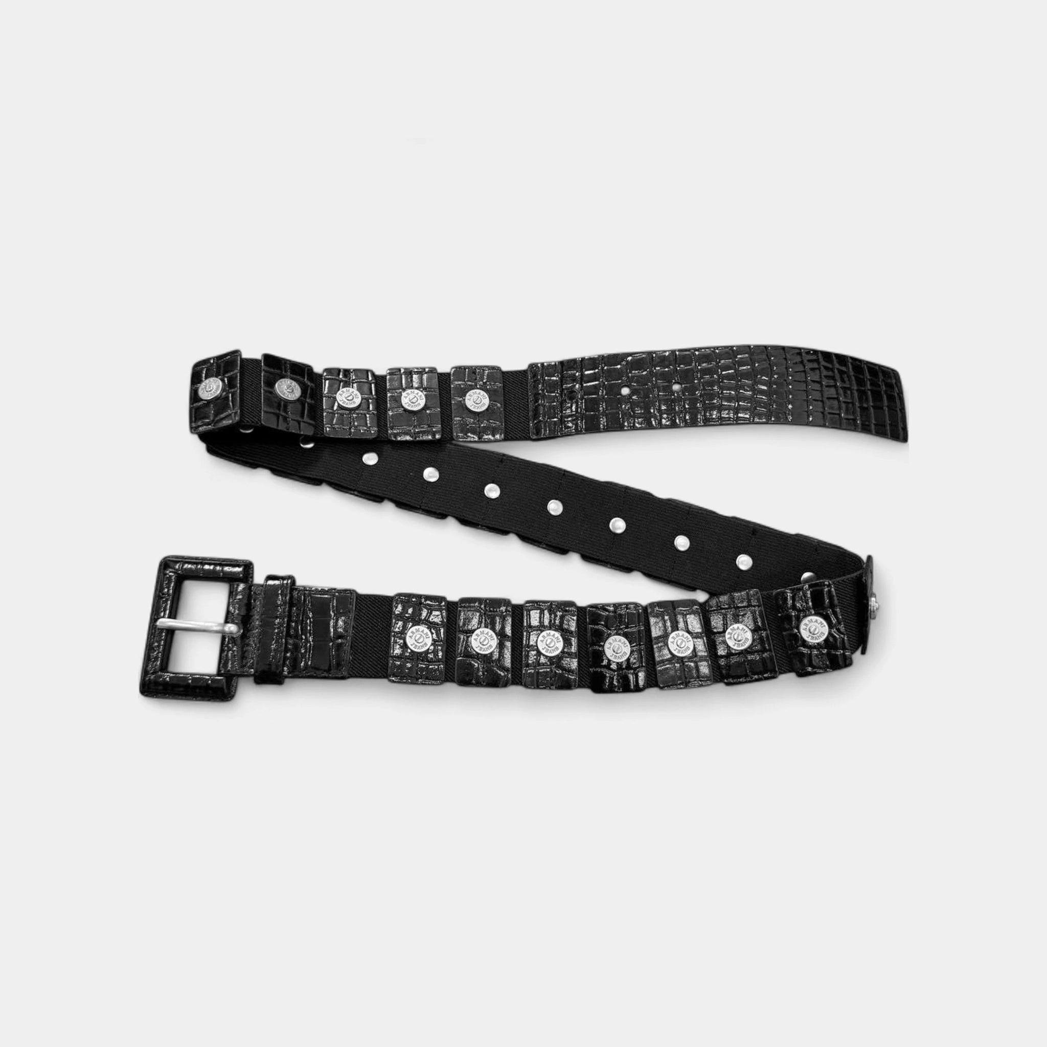 Armani Jeans 2000s Black Crocodile-Embossed Leather Elastic Belt