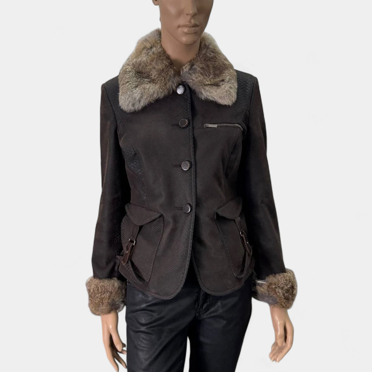Armani Collezioni 1990s Snake Skin Fur Trim Brown Jacket
