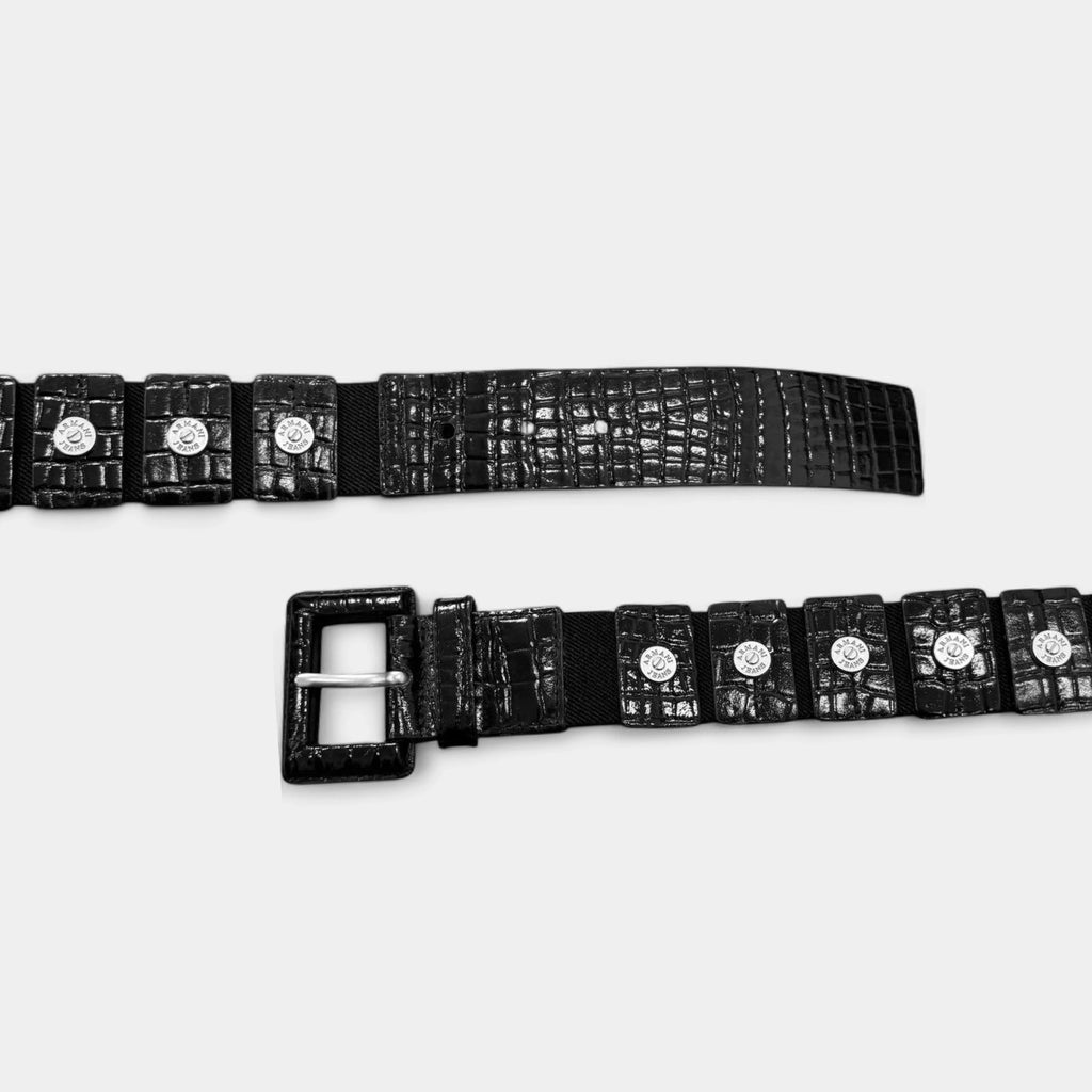 Armani Jeans 2000s Black Crocodile-Embossed Leather Elastic Belt