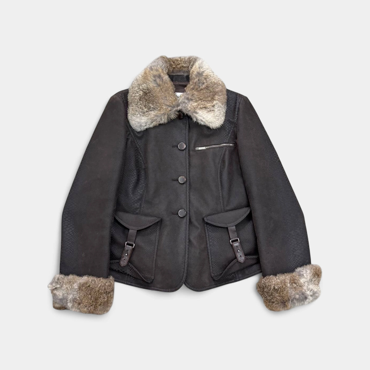 Armani Collezioni 1990s Snake Skin Fur Trim Brown Jacket