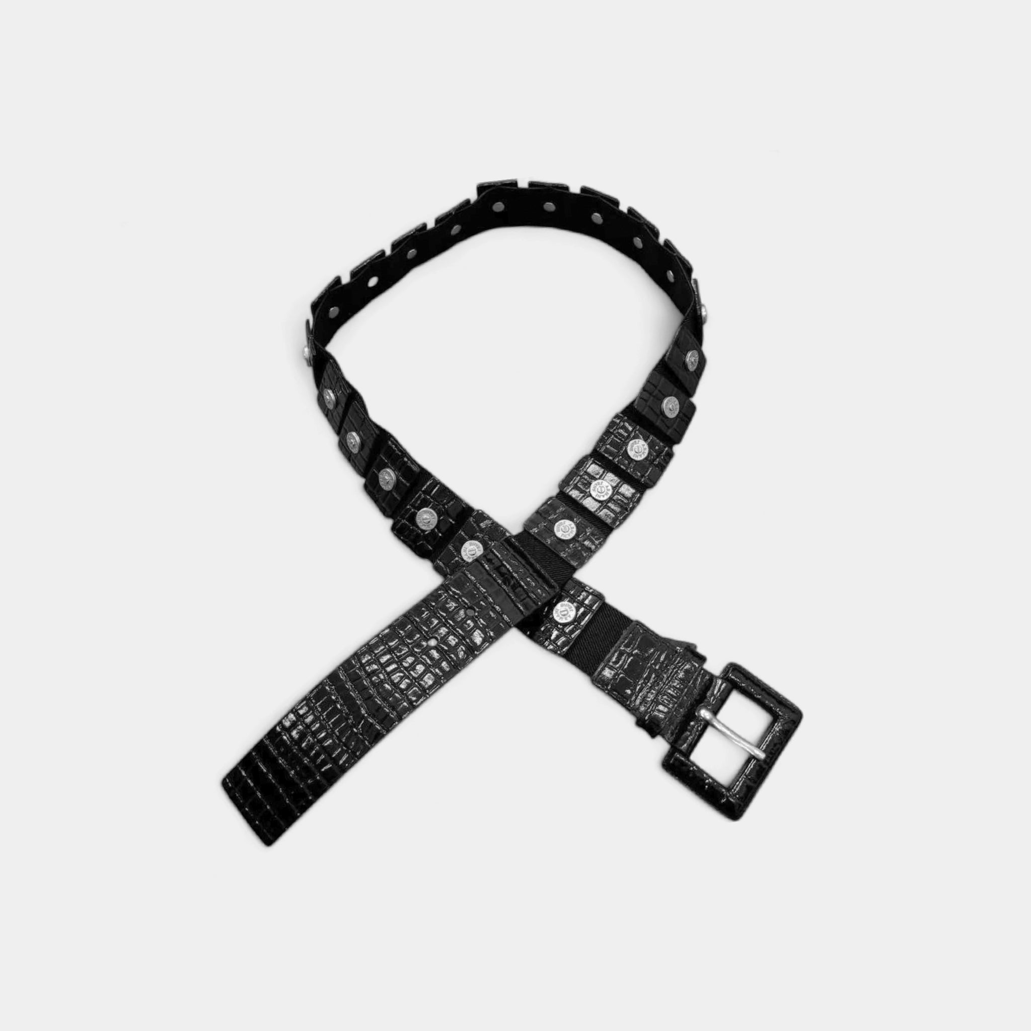 Armani Jeans 2000s Black Crocodile-Embossed Leather Elastic Belt
