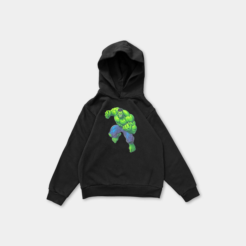 A black hooded sweatshirt with a graphic of a muscular, green-skinned character on the front.