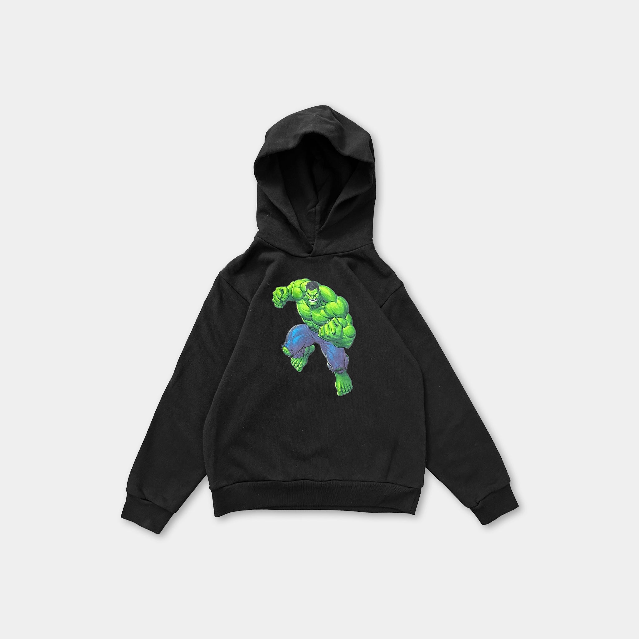 A black hooded sweatshirt with a graphic of a muscular, green-skinned character on the front.