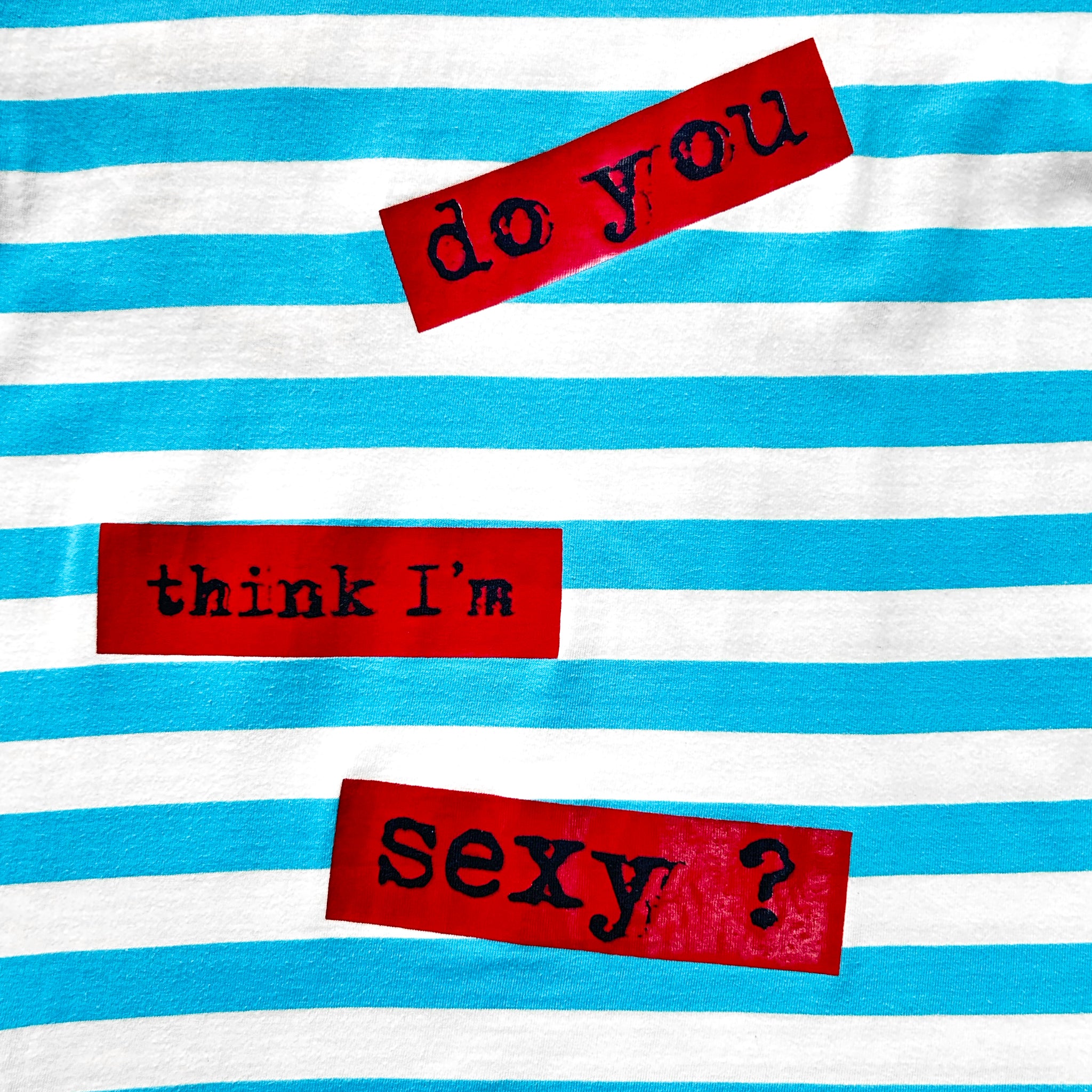 three red rectangles with text on them, placed on a blue and white striped background.
