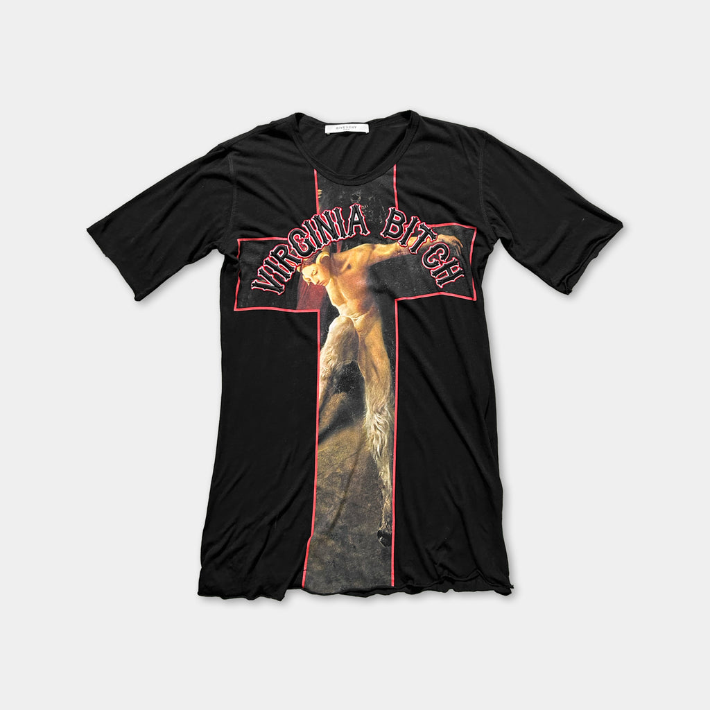 The image is a black t-shirt with a graphic design featuring a person in a cross shape and the text "VIRGINIA BITCH" printed on it.