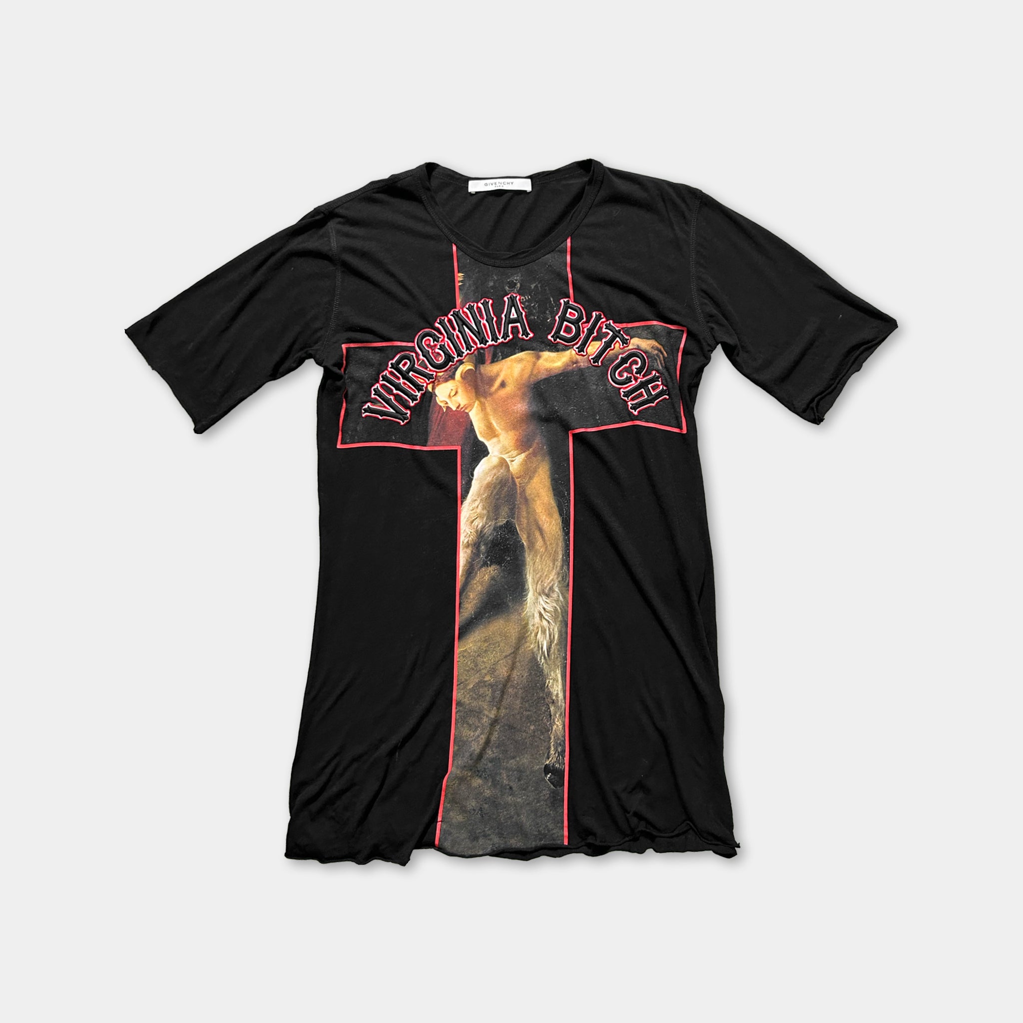 The image is a black t-shirt with a graphic design featuring a person in a cross shape and the text "VIRGINIA BITCH" printed on it.