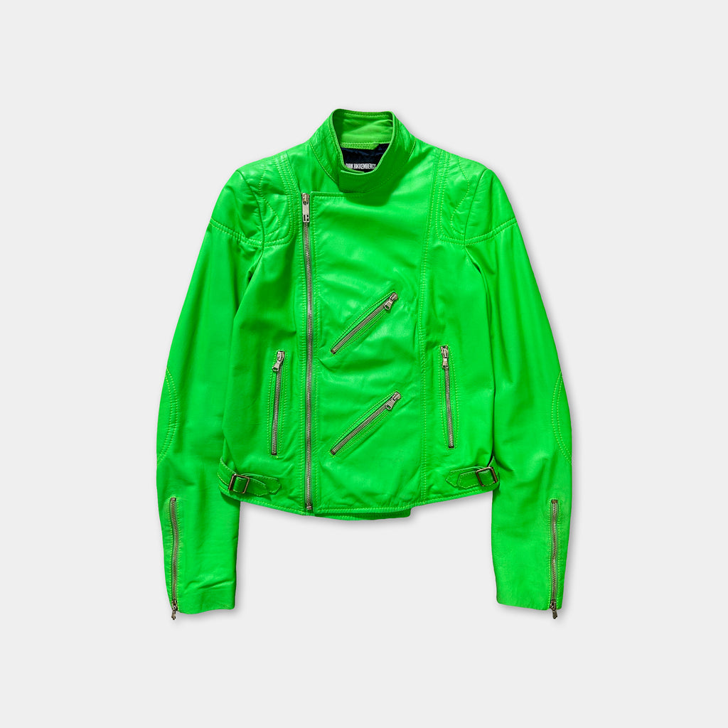 A bright green leather jacket with multiple zippers and a high collar.