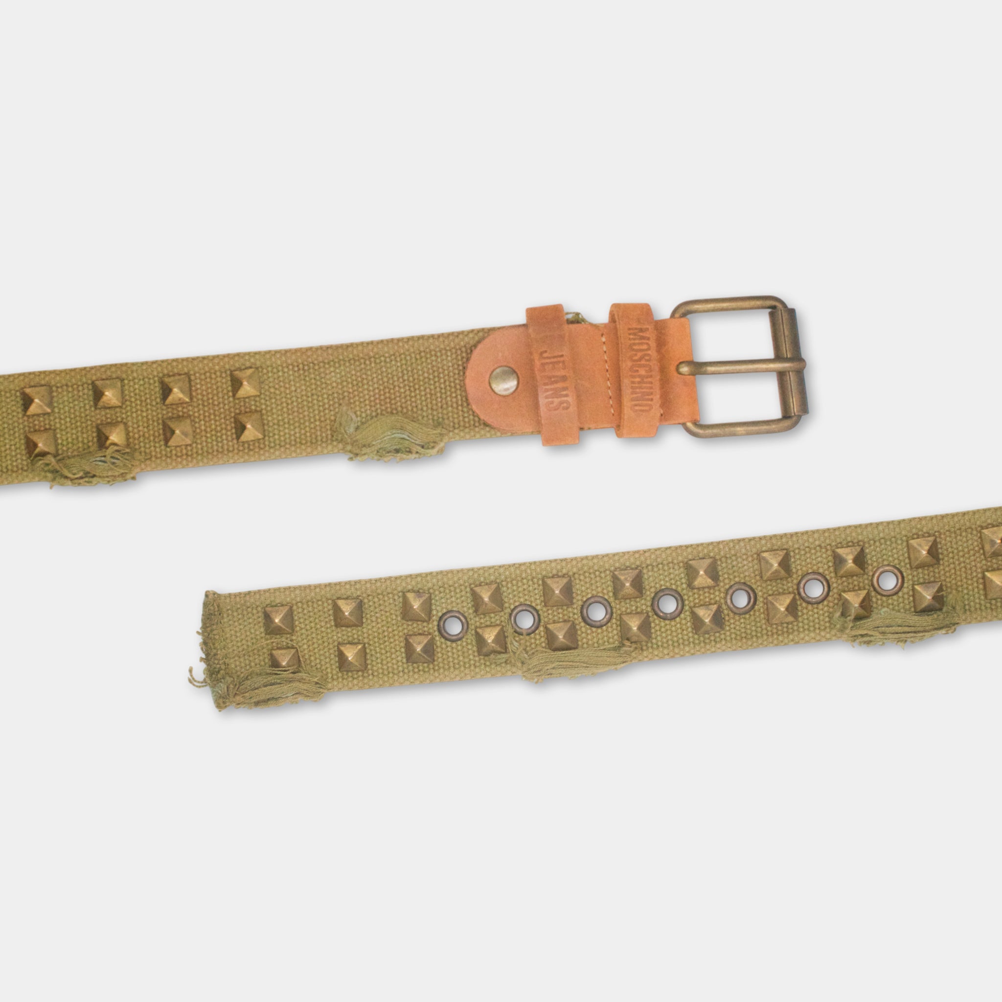 a tan belt with a metal buckle, featuring a pattern of small triangular studs or studs on the belt.