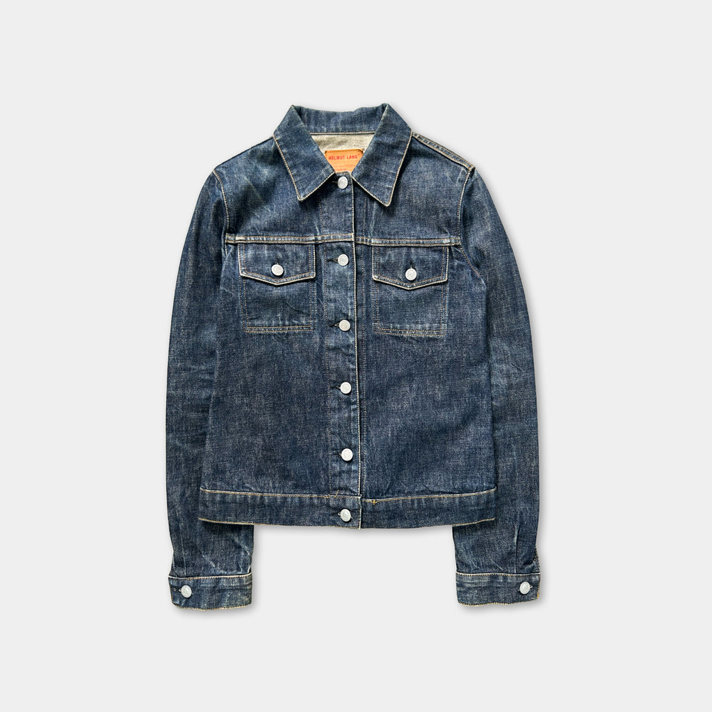 A denim jacket with a button-down front and long sleeves, displayed against a plain background.