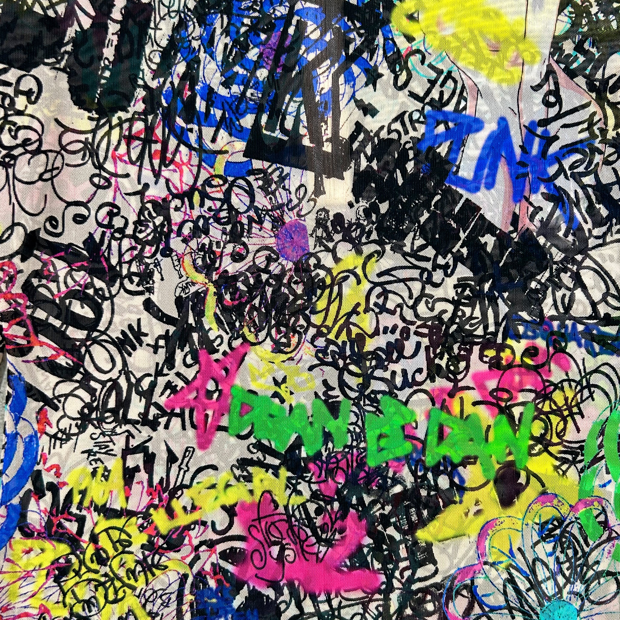 The image is a collage of various colorful graffiti-style tags and markings in different colors, including black, pink, yellow, blue, and green. The text and symbols are scattered throughout the image, creating a visually striking and chaotic composition.