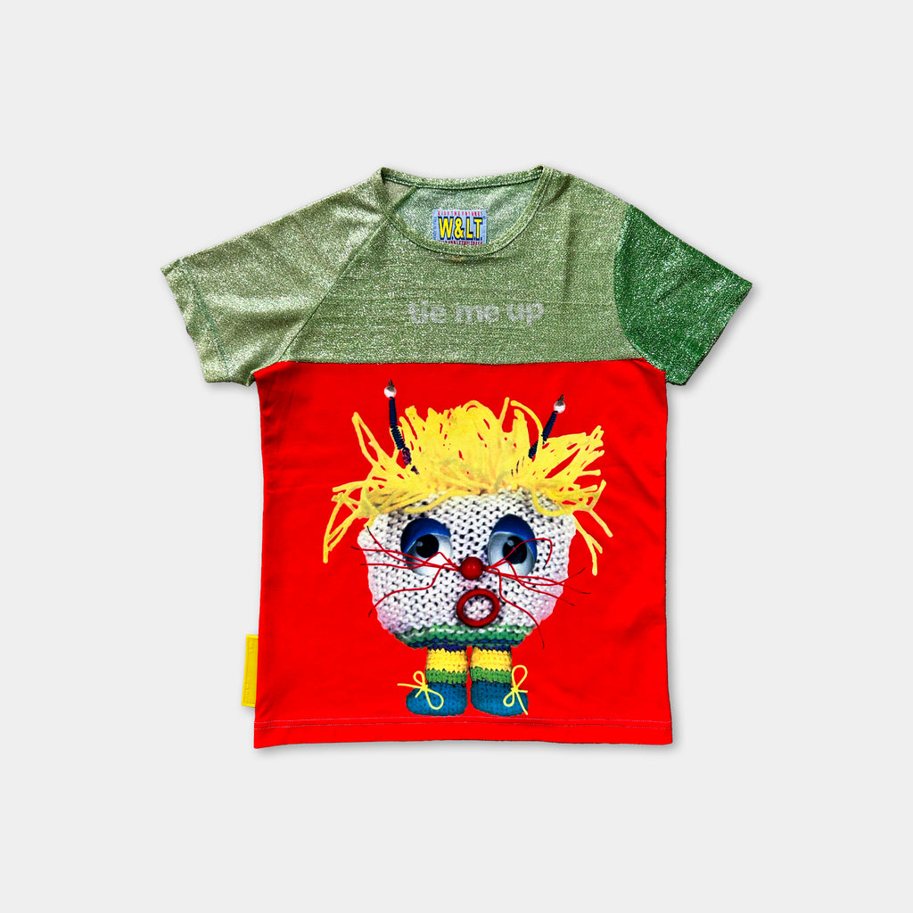 A colorful t-shirt with a cartoon character design on it.