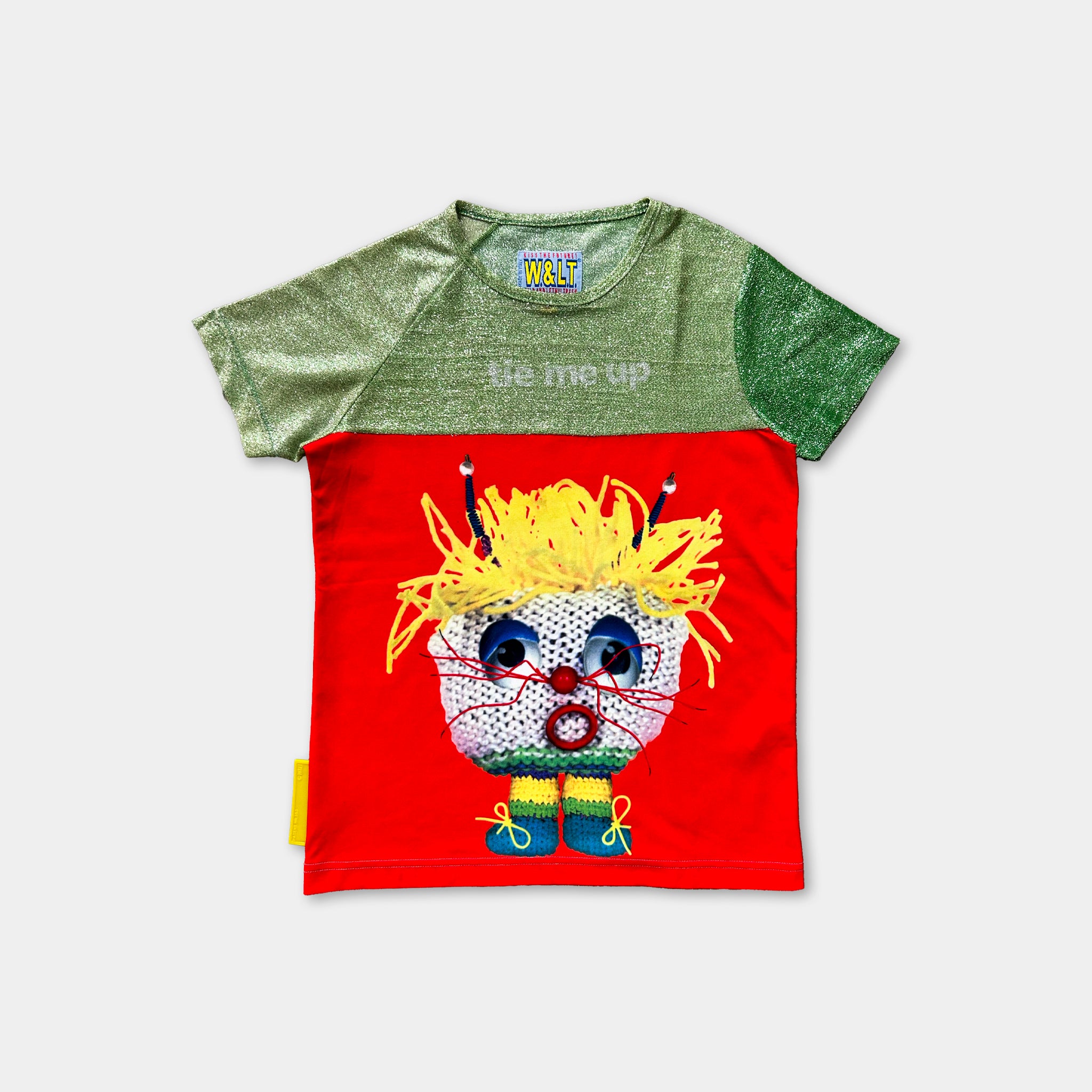 A colorful t-shirt with a cartoon character design on it.