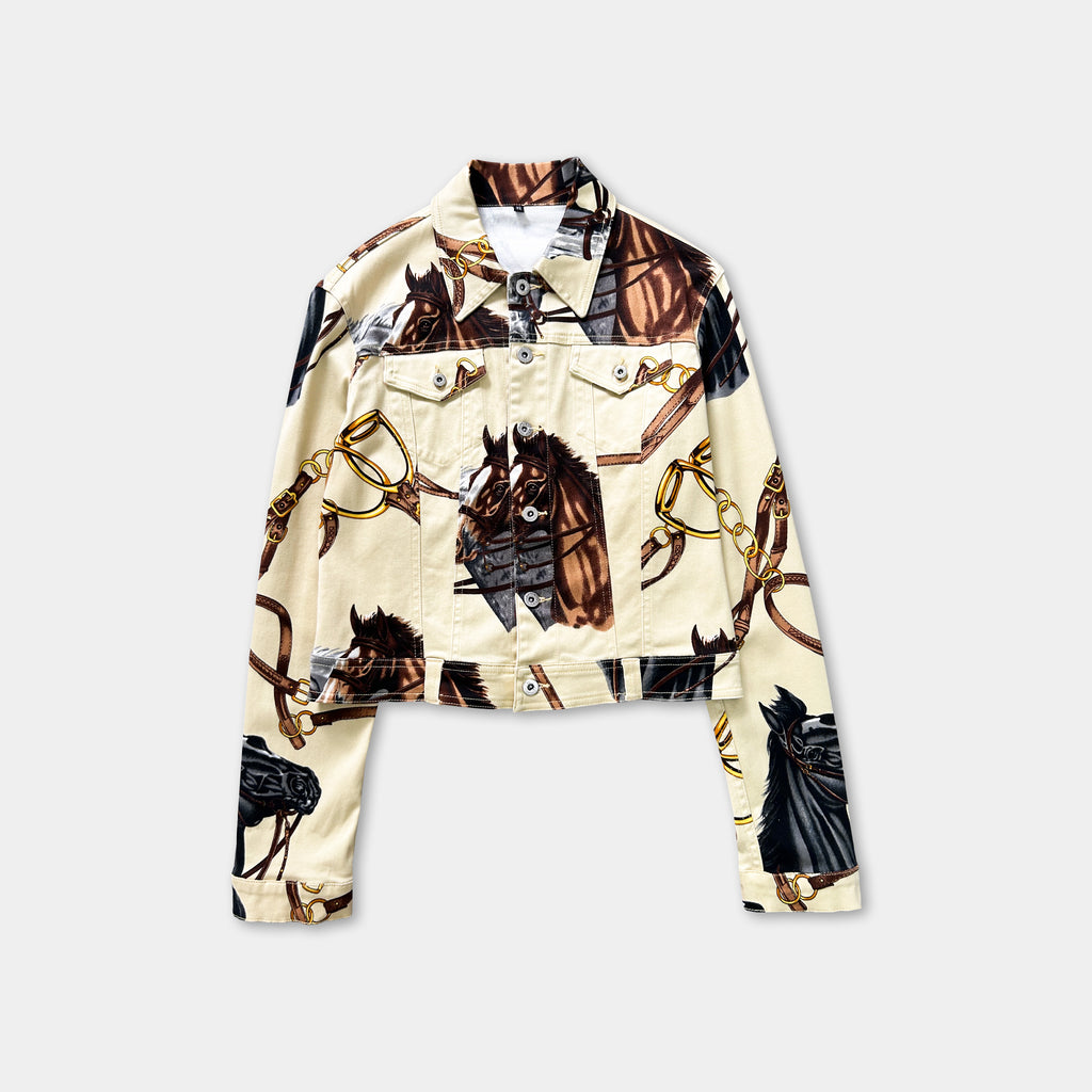 a beige jacket with a pattern of horses and other animals printed on it.