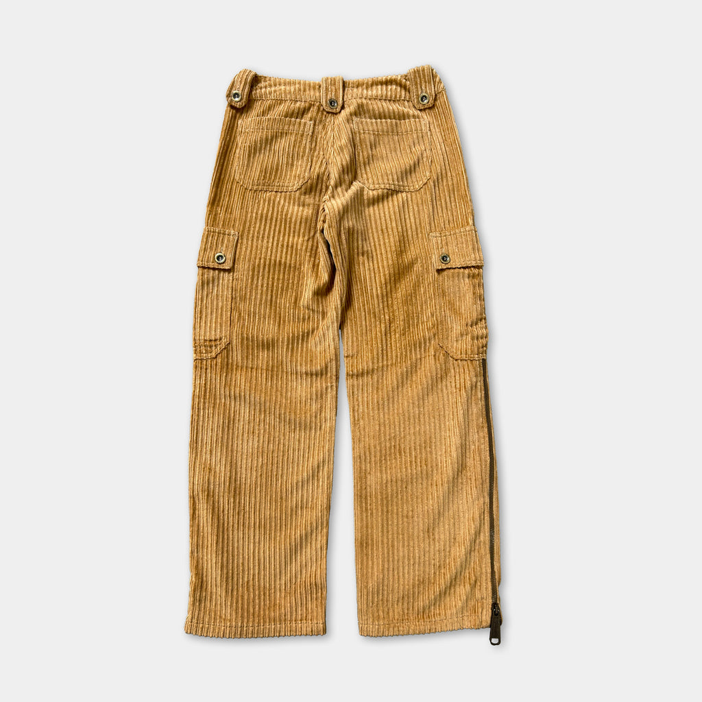a pair of tan corduroy pants with a zipper and pockets, displayed against a plain white background.