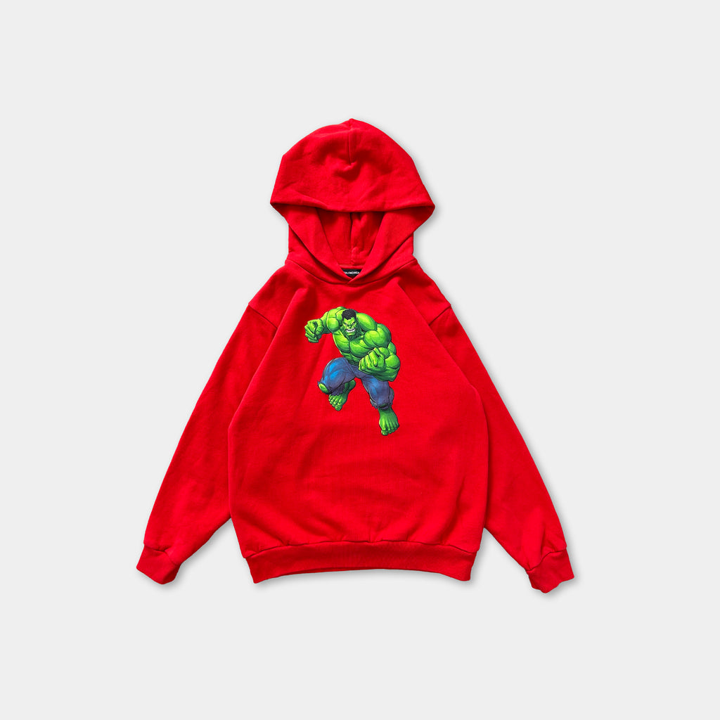 A red hooded sweatshirt with a graphic of a muscular green character on the front.