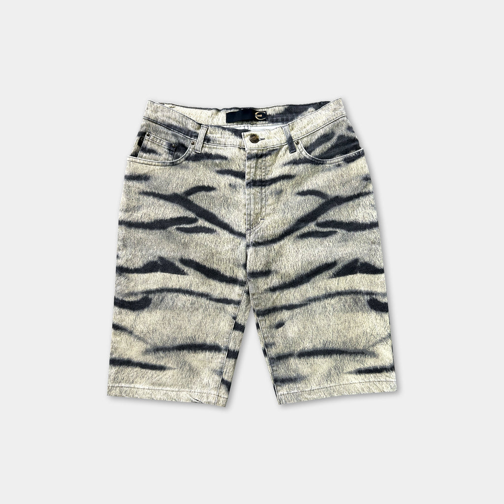 A pair of gray and black zebra-striped shorts.