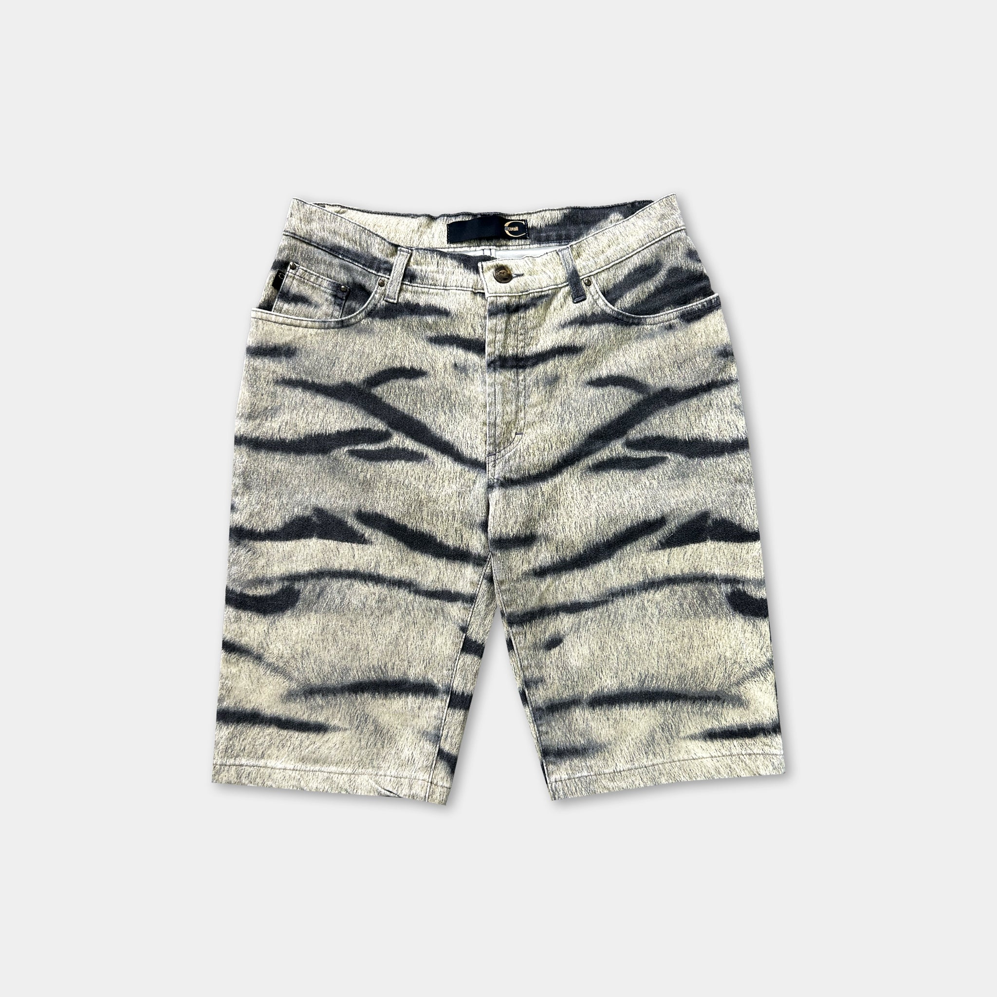 A pair of gray and black zebra-striped shorts.
