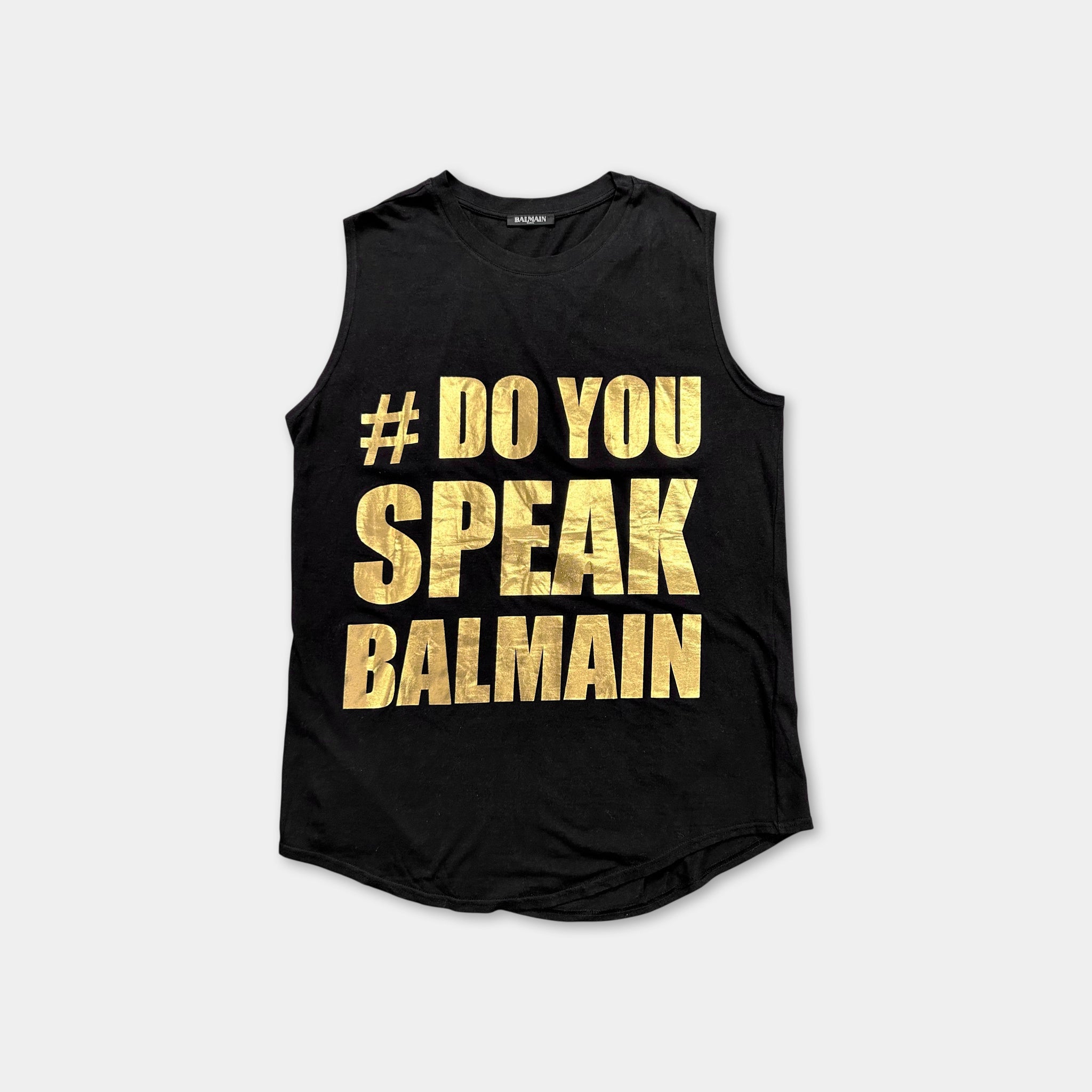 Balmain "Do You Speak Balmain" Gold Foil Sleeveless Tank Top