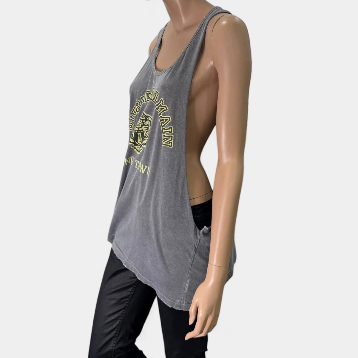 Pierre Balmain SS11 Distressed Washed Grey Tiger Graphic Extra Long Tank Top