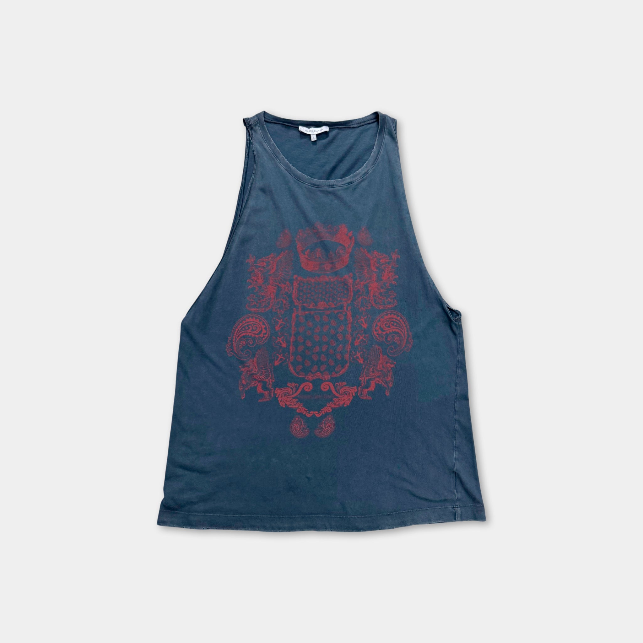 Pierre Balmain Distressed Red Crest Sleeveless Tank Top