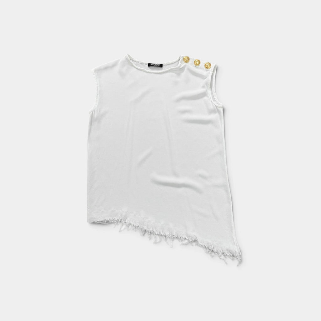 Balmain by Decarnin Distressed White Sleeveless Top