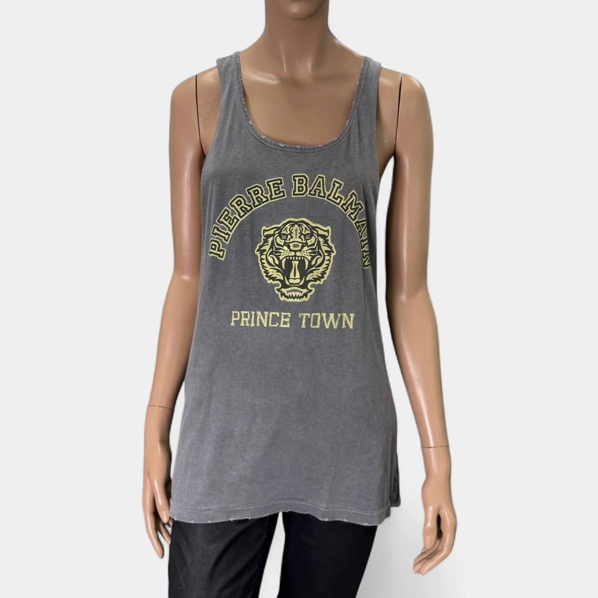 Pierre Balmain SS11 Distressed Washed Grey Tiger Graphic Extra Long Tank Top