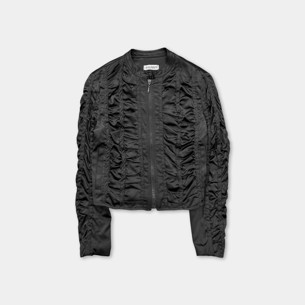 Balmain Black Ruffle Satin Cropped Zip-Up Bomber Jacket