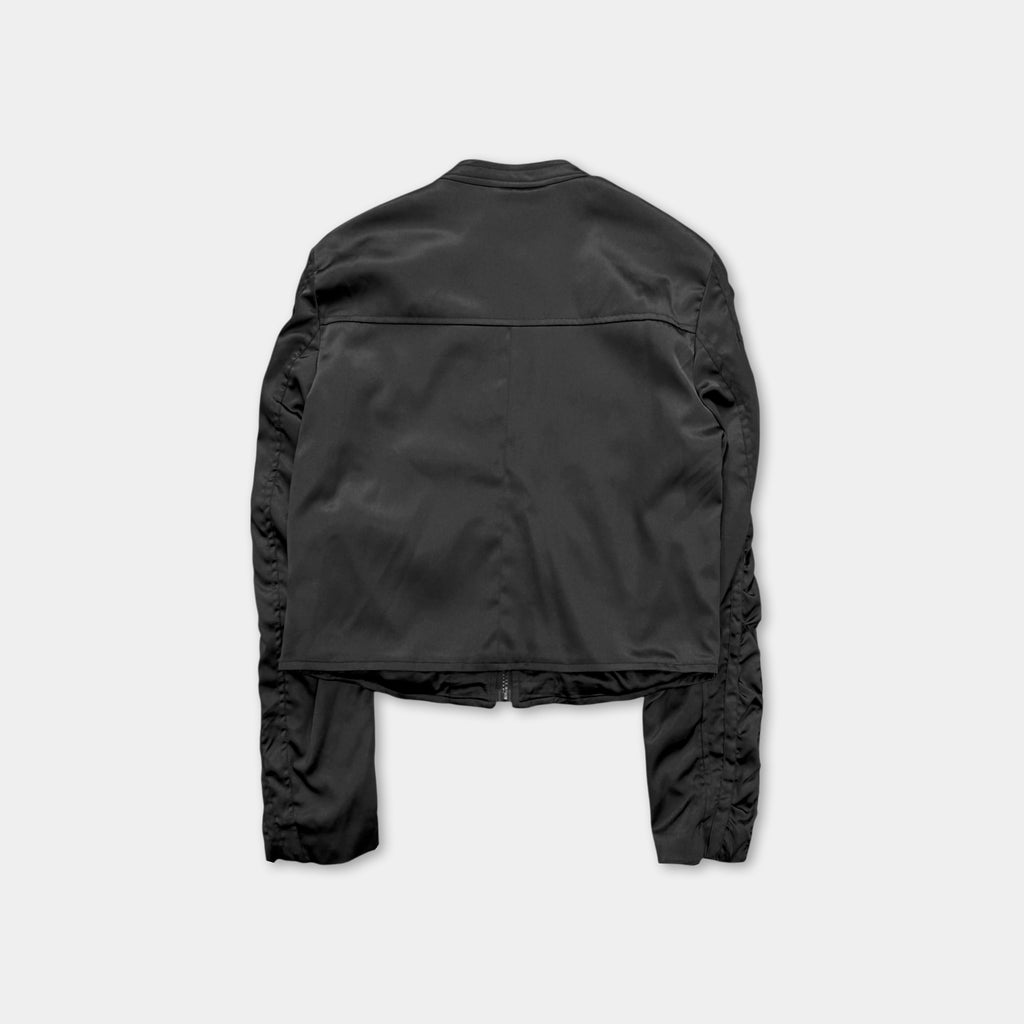 Balmain Black Ruffle Satin Cropped Zip-Up Bomber Jacket